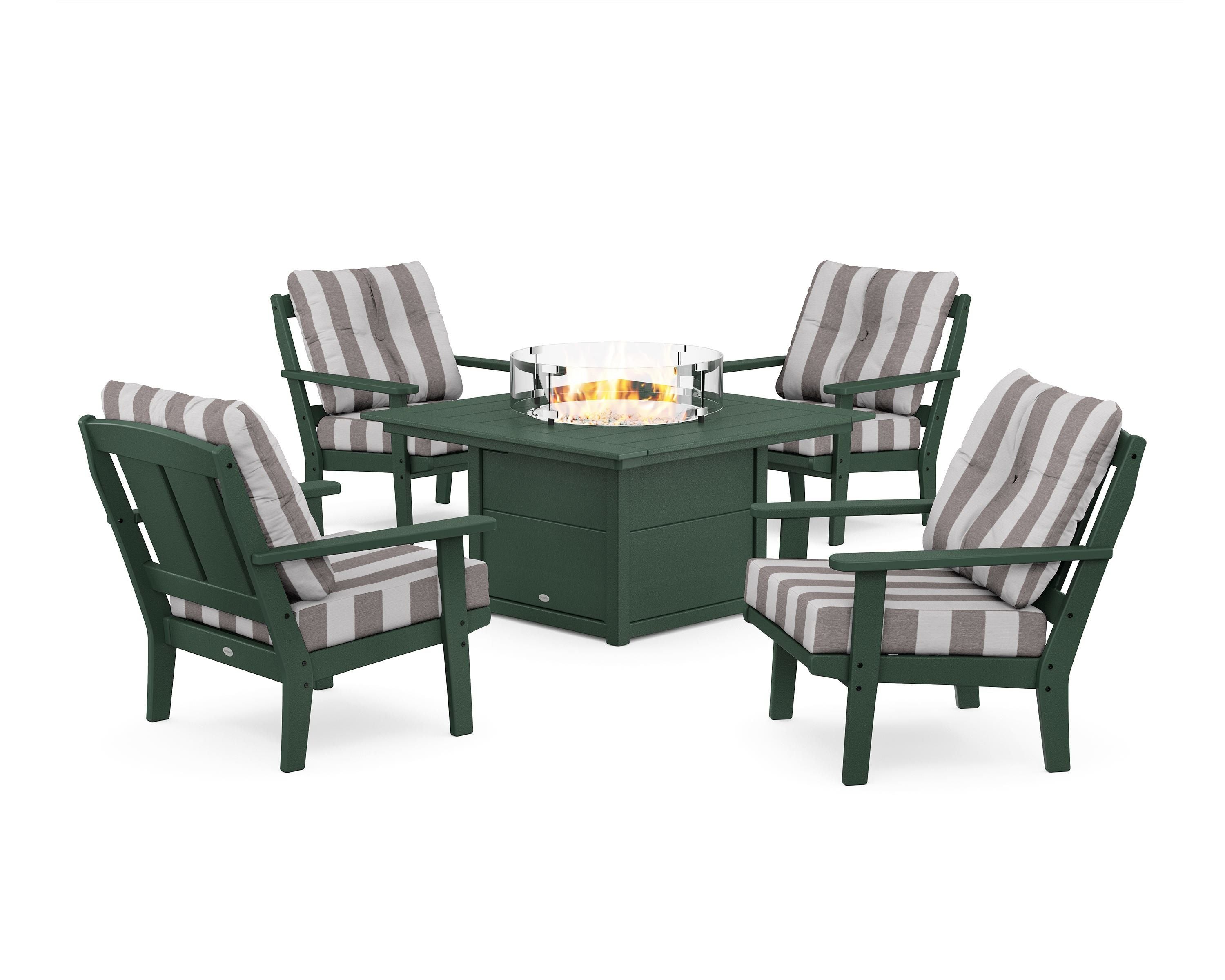 POLYWOOD® Mission 5-Piece Deep Seating Set with Fire Pit Table in Green / Cabana Stripe Grey Mist