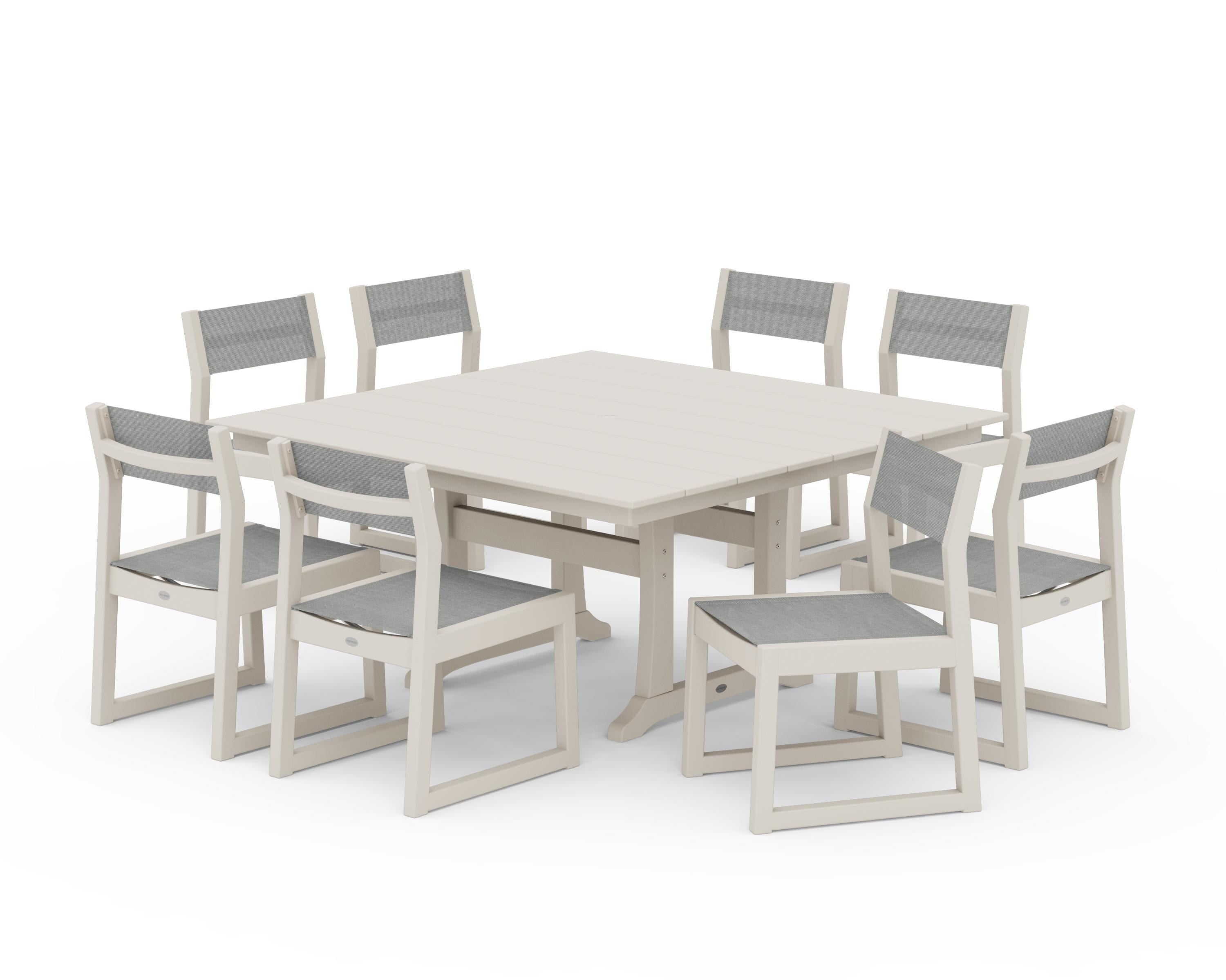 POLYWOOD® EDGE Sling Side Chair 9-Piece Farmhouse Trestle Dining Set in Sand / Metallic Sling