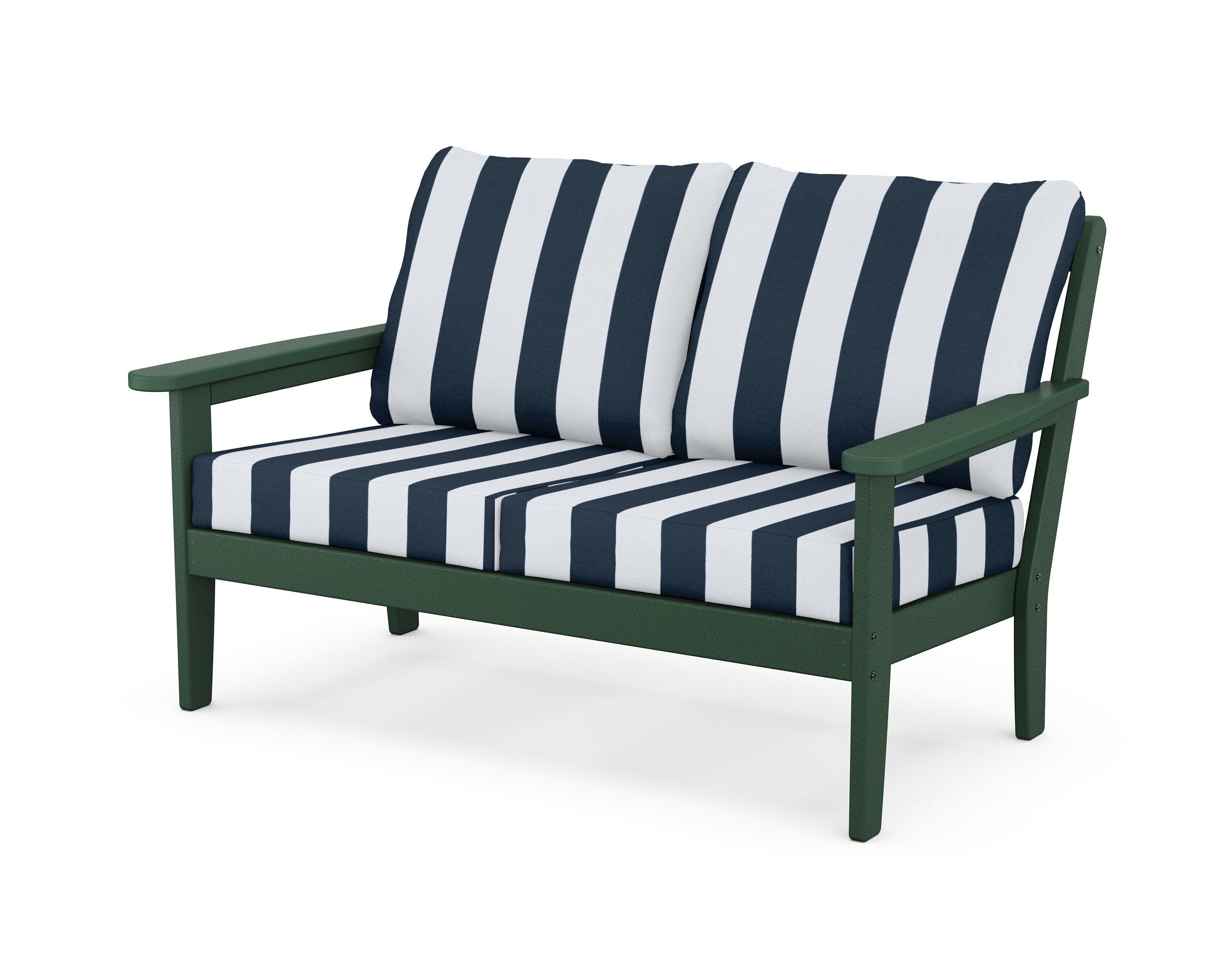 Country Living Cottage Deep Seating Loveseat in Green / Cabana Stripe Marine Indigo