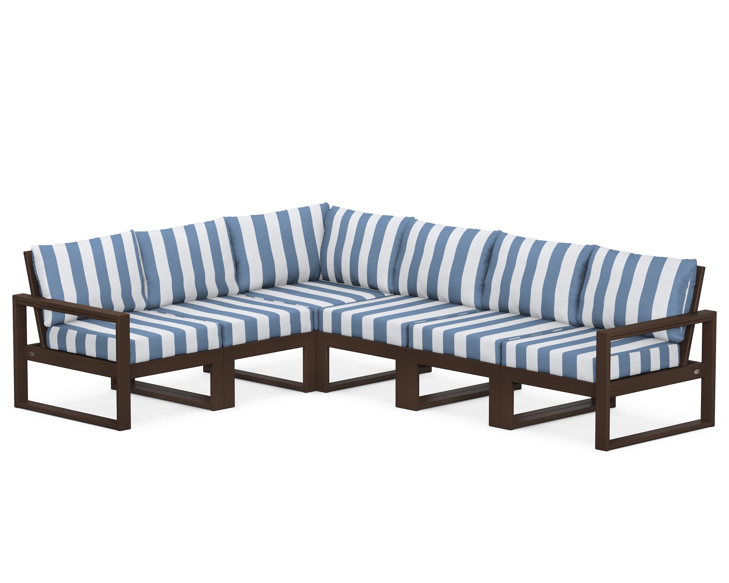 POLYWOOD® EDGE 6-Piece Modular Deep Seating Set in Mahogany / Cabana Stripe Sky Blue