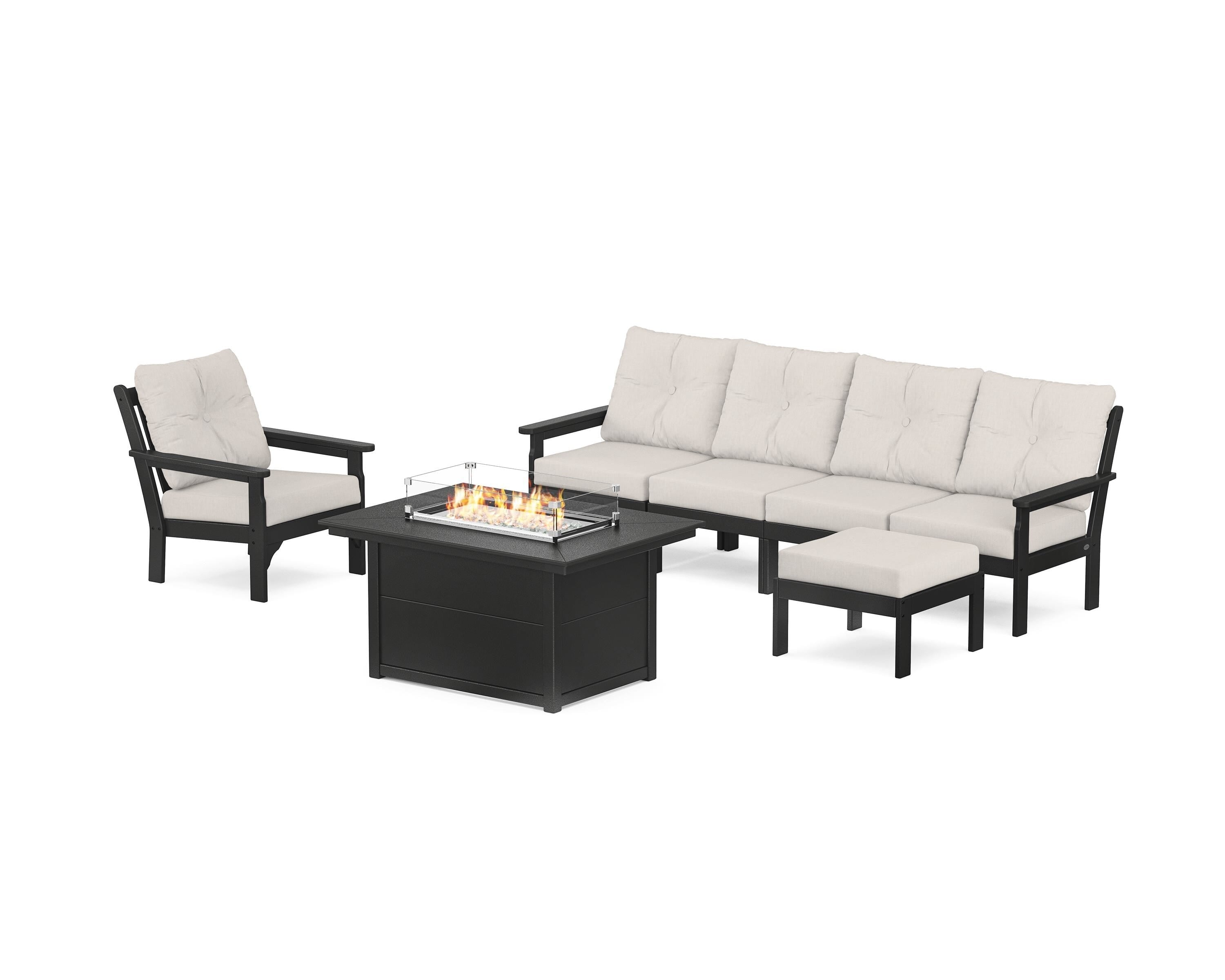 POLYWOOD® Vineyard Sectional Lounge and Fire Pit Set in Black / Cast Ash
