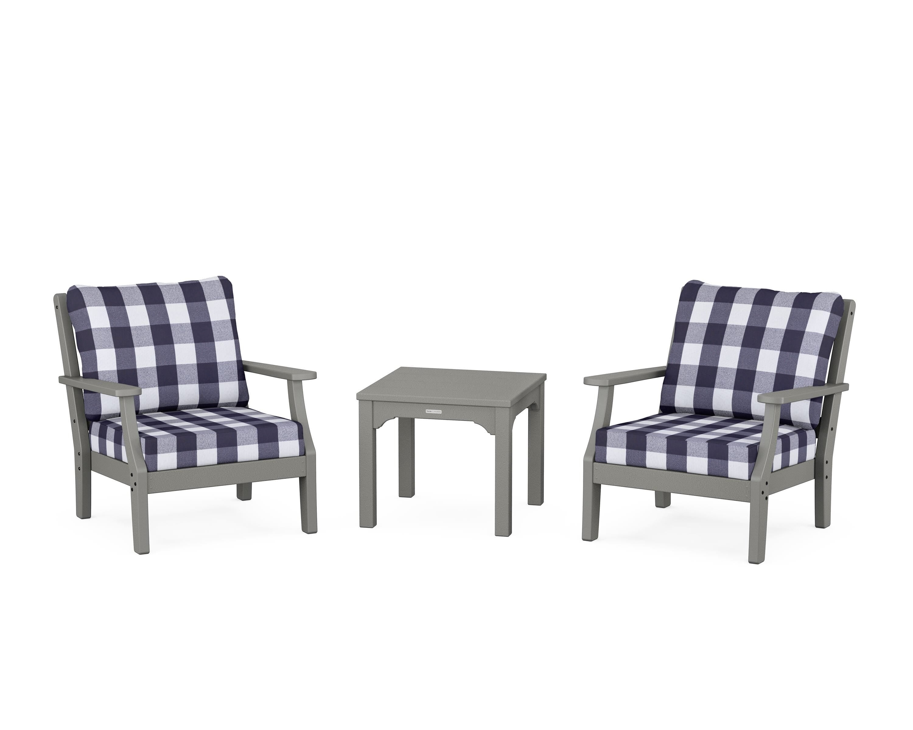 Martha Stewart by POLYWOOD® Chinoiserie 3-Piece Deep Seating Set in Slate Grey / Buffalo Plaid Navy