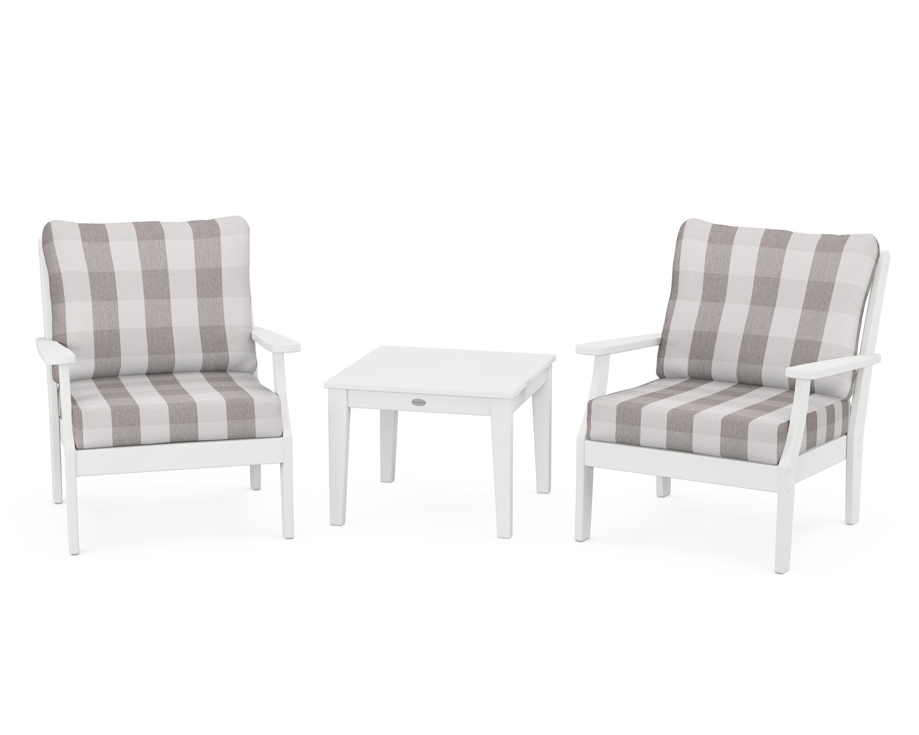 POLYWOOD® Braxton 3-Piece Deep Seating Set in White / Buffalo Plaid Grey Mist