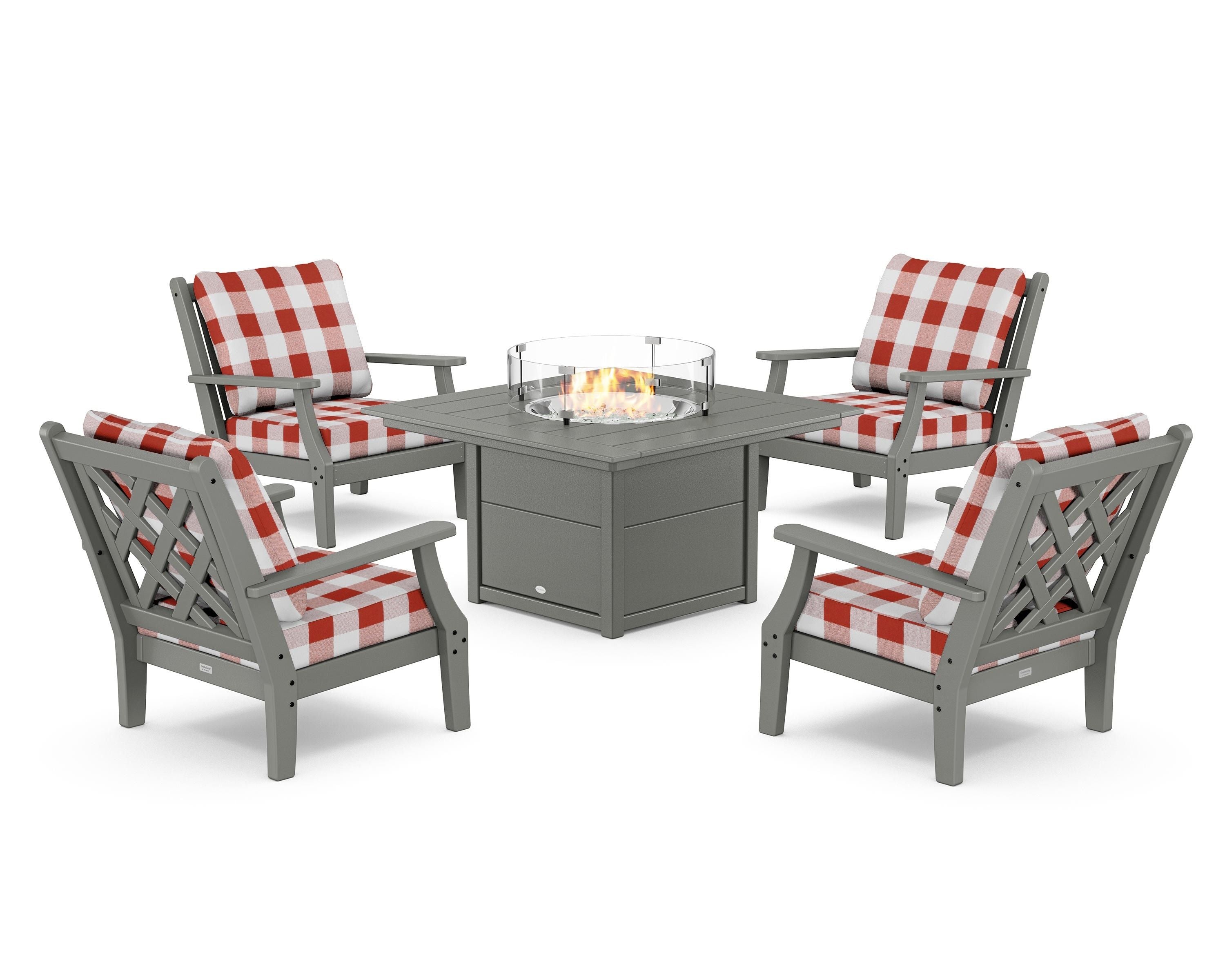 Country Living Wovendale 5-Piece Deep Seating Set with Fire Pit Table in Slate Grey / Buffalo Plaid Crimson