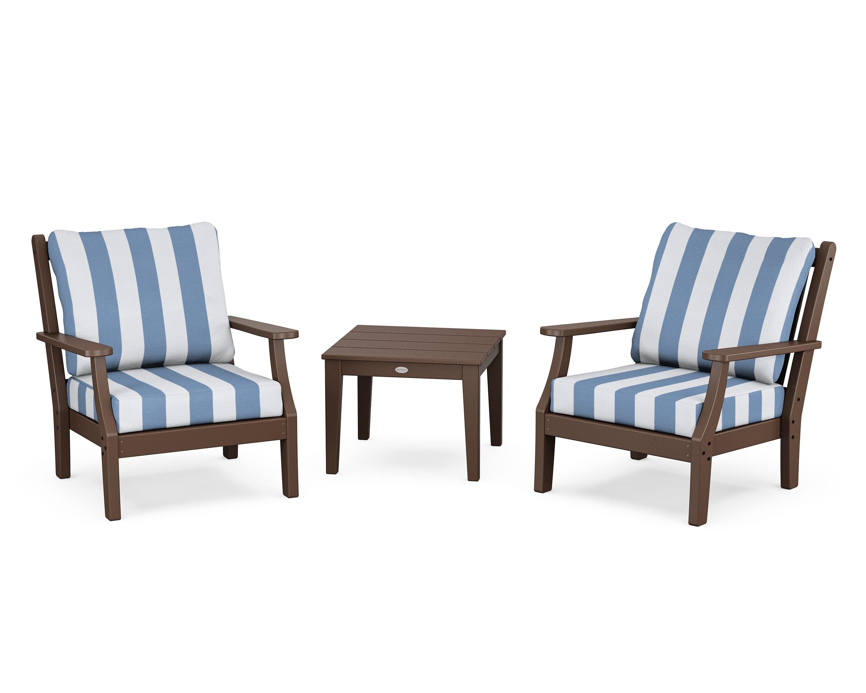 Country Living Wovendale 3-Piece Deep Seating Set in Mahogany / Cabana Stripe Sky Blue