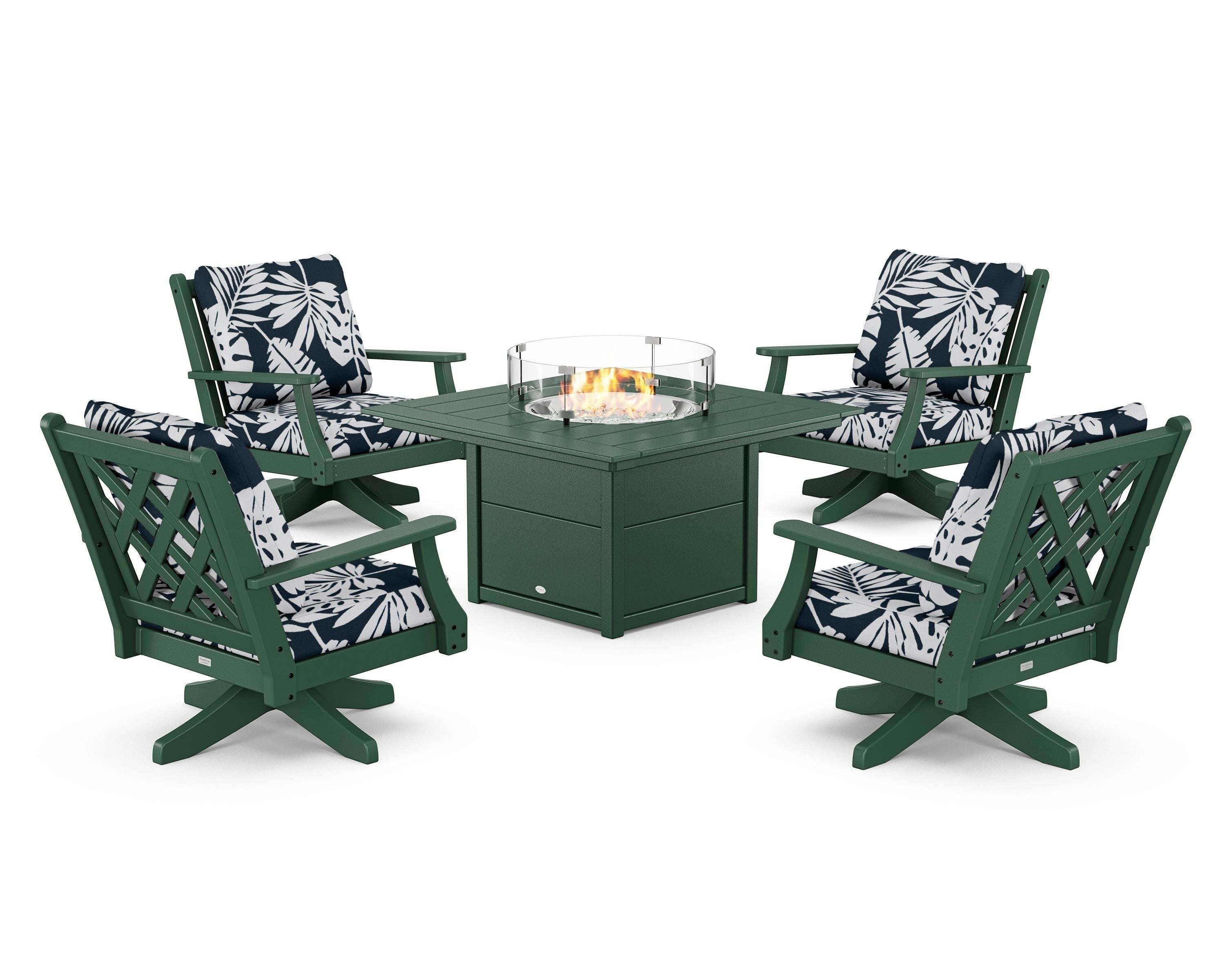Country Living Wovendale 5-Piece Deep Seating Swivel Conversation Set with Fire Pit Table in Green / Leaf Marine Indigo