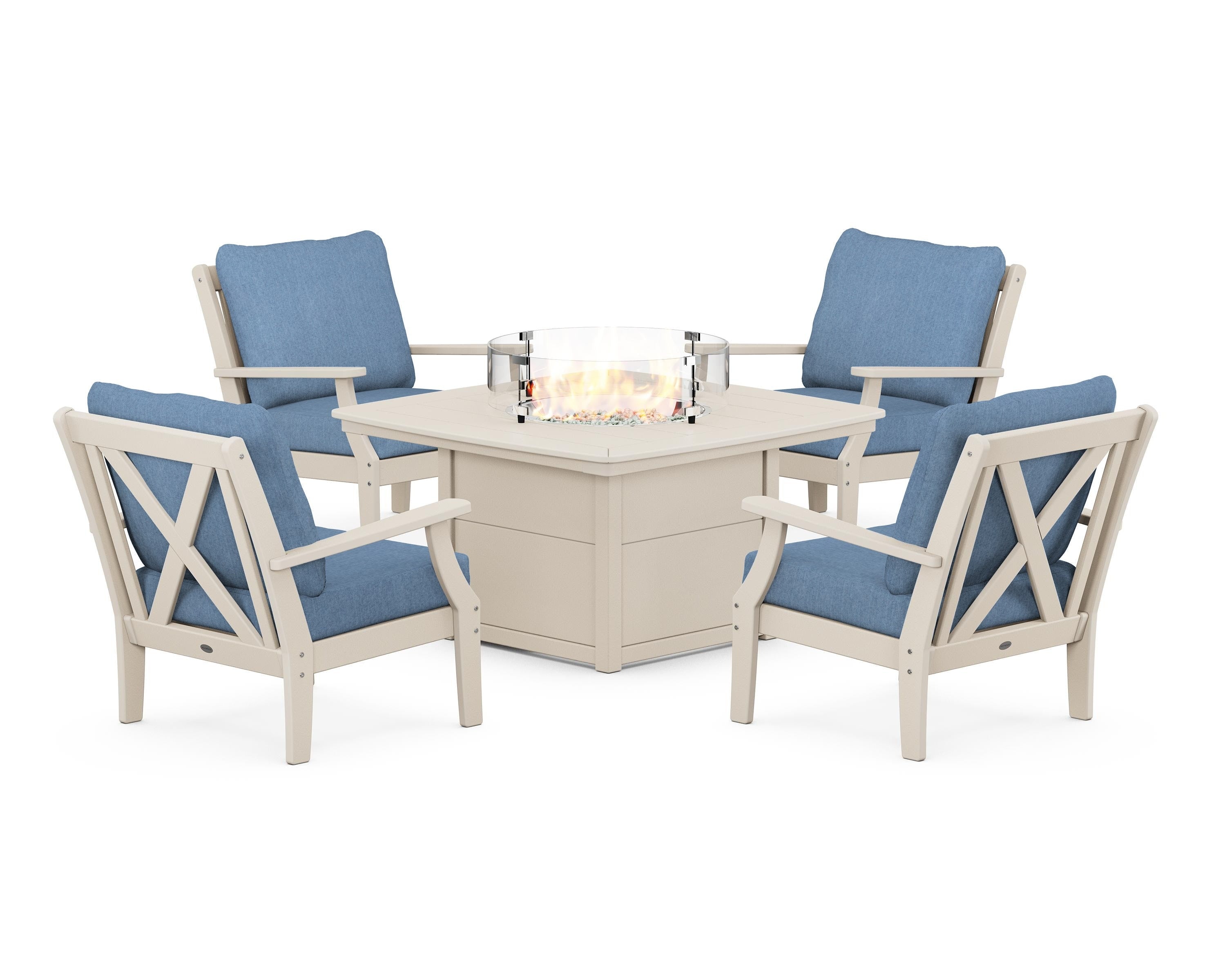 POLYWOOD® Braxton 5-Piece Deep Seating Conversation Set with Fire Pit Table in Sand / Sky Blue