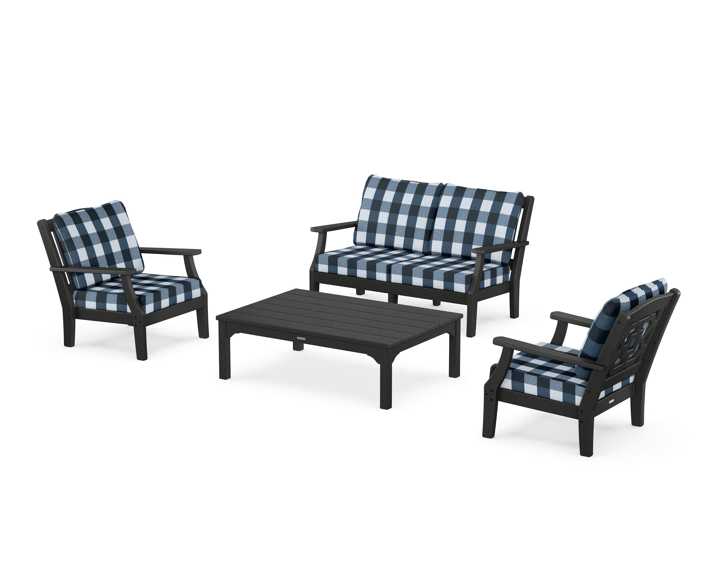 Martha Stewart by POLYWOOD® Chinoiserie 4-Piece Deep Seating Set with Loveseat in Black / Buffalo Plaid Marine Indigo