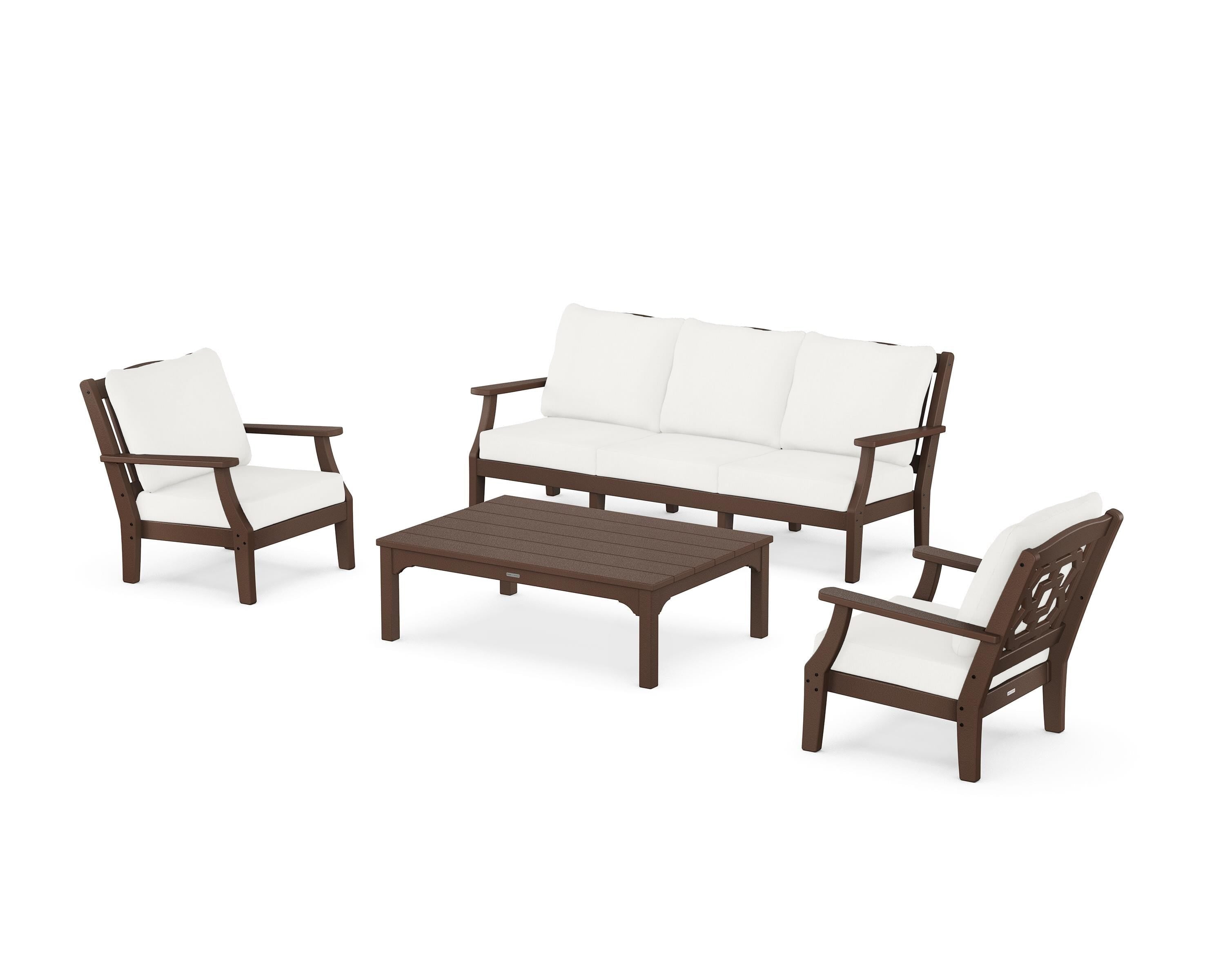 Martha Stewart by POLYWOOD® Chinoiserie 4-Piece Deep Seating Set with Sofa in Mahogany / Natural Linen