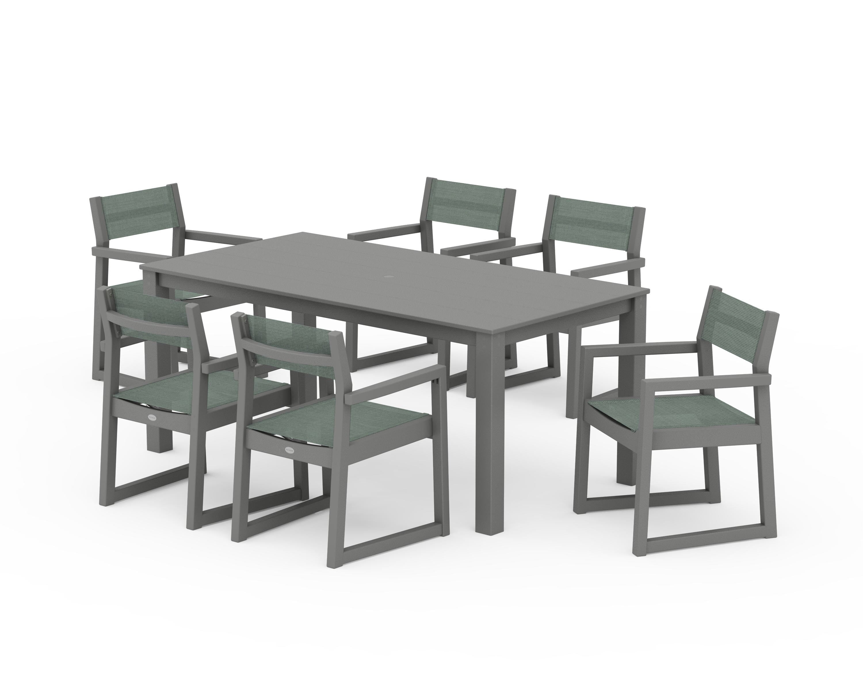 POLYWOOD® EDGE Sling Arm Chair 7-Piece Parsons Dining Set in Slate Grey / Dupioni Sea Mist Sling