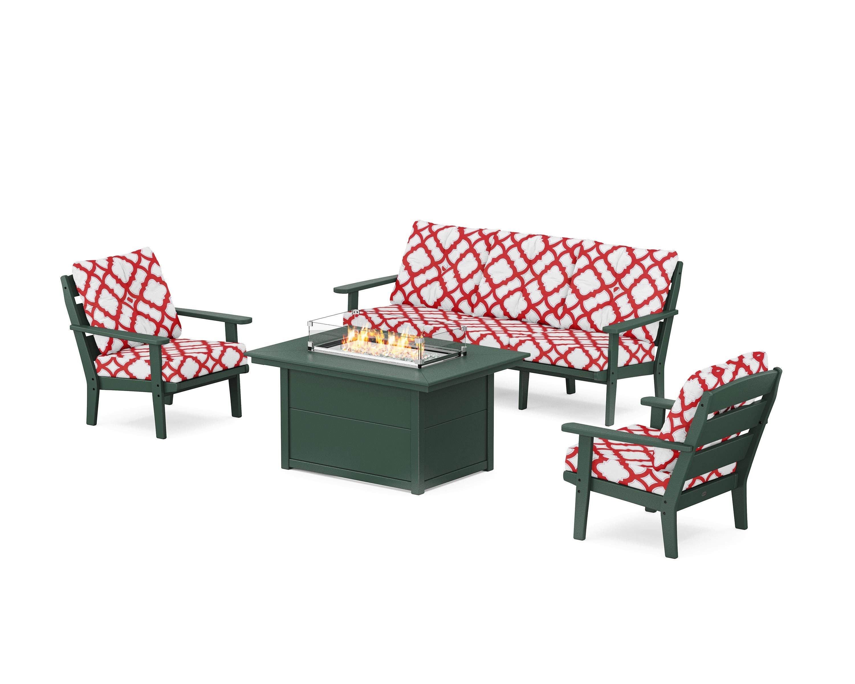 POLYWOOD® Lakeside Deep Seating Fire Pit Table Set in Green / Trellis Crimson