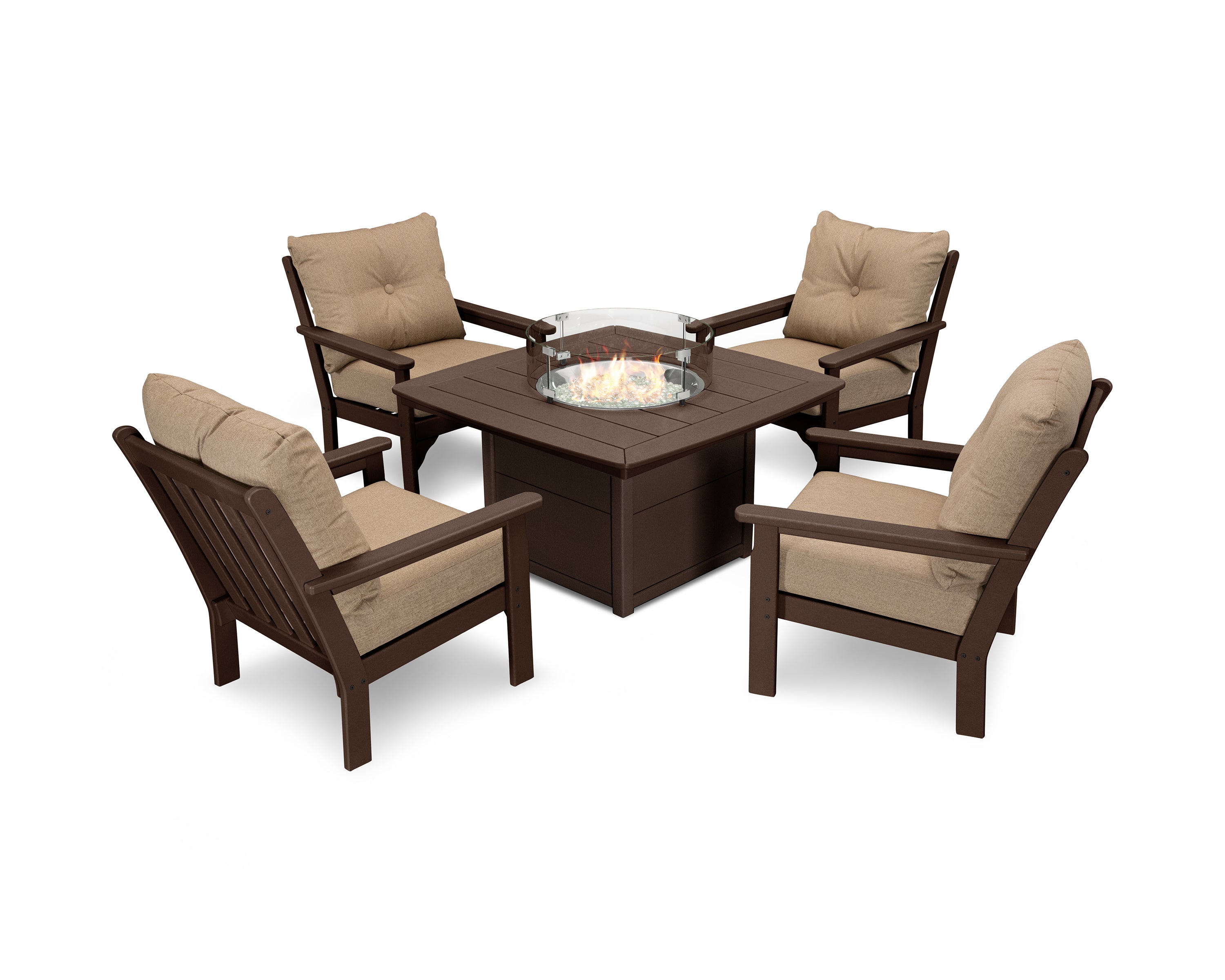 POLYWOOD® Vineyard 5-Piece Conversation Set with Fire Pit Table in Mahogany / Sesame