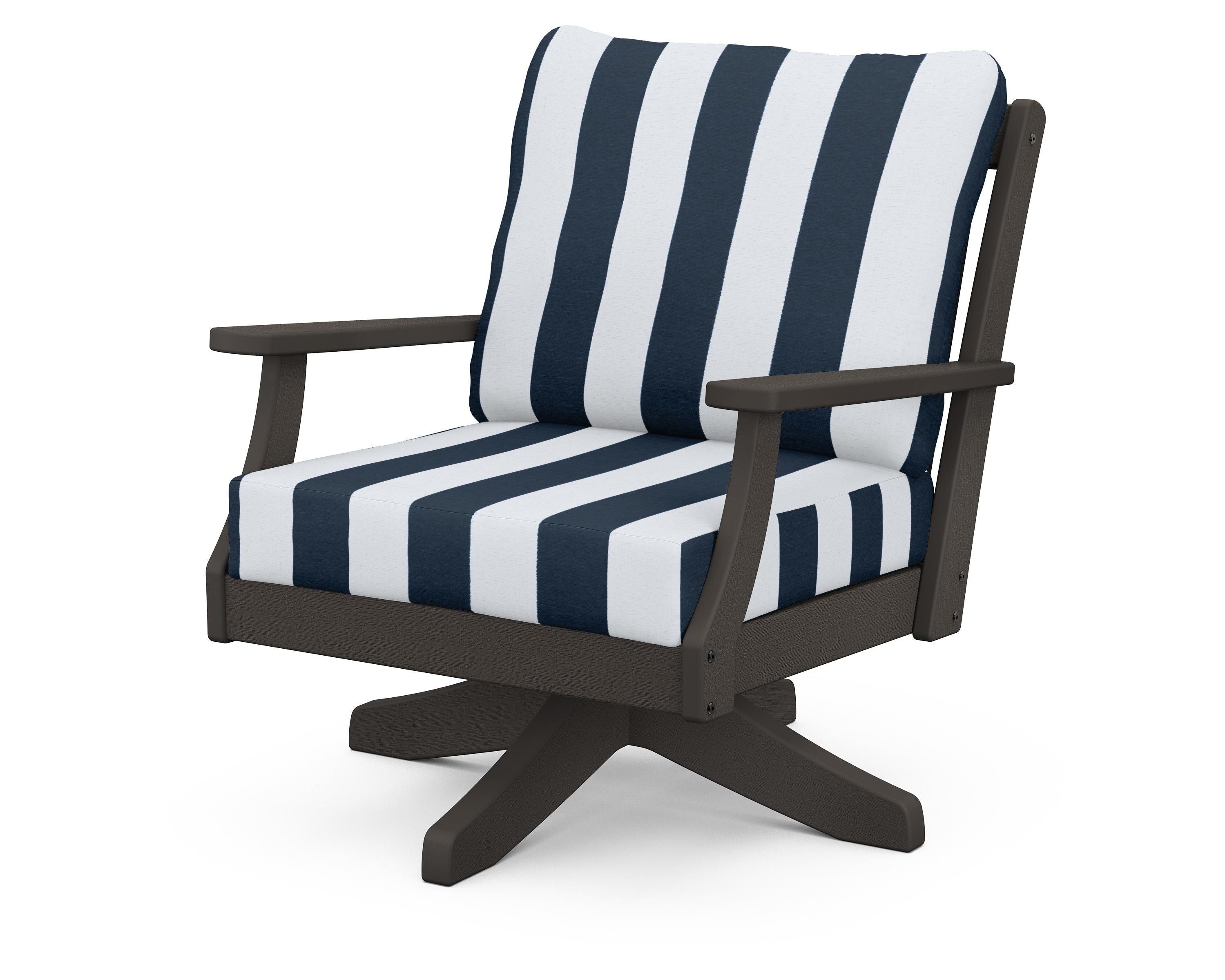 POLYWOOD® Braxton Deep Seating Swivel Chair in Vintage Coffee / Cabana Stripe Marine Indigo