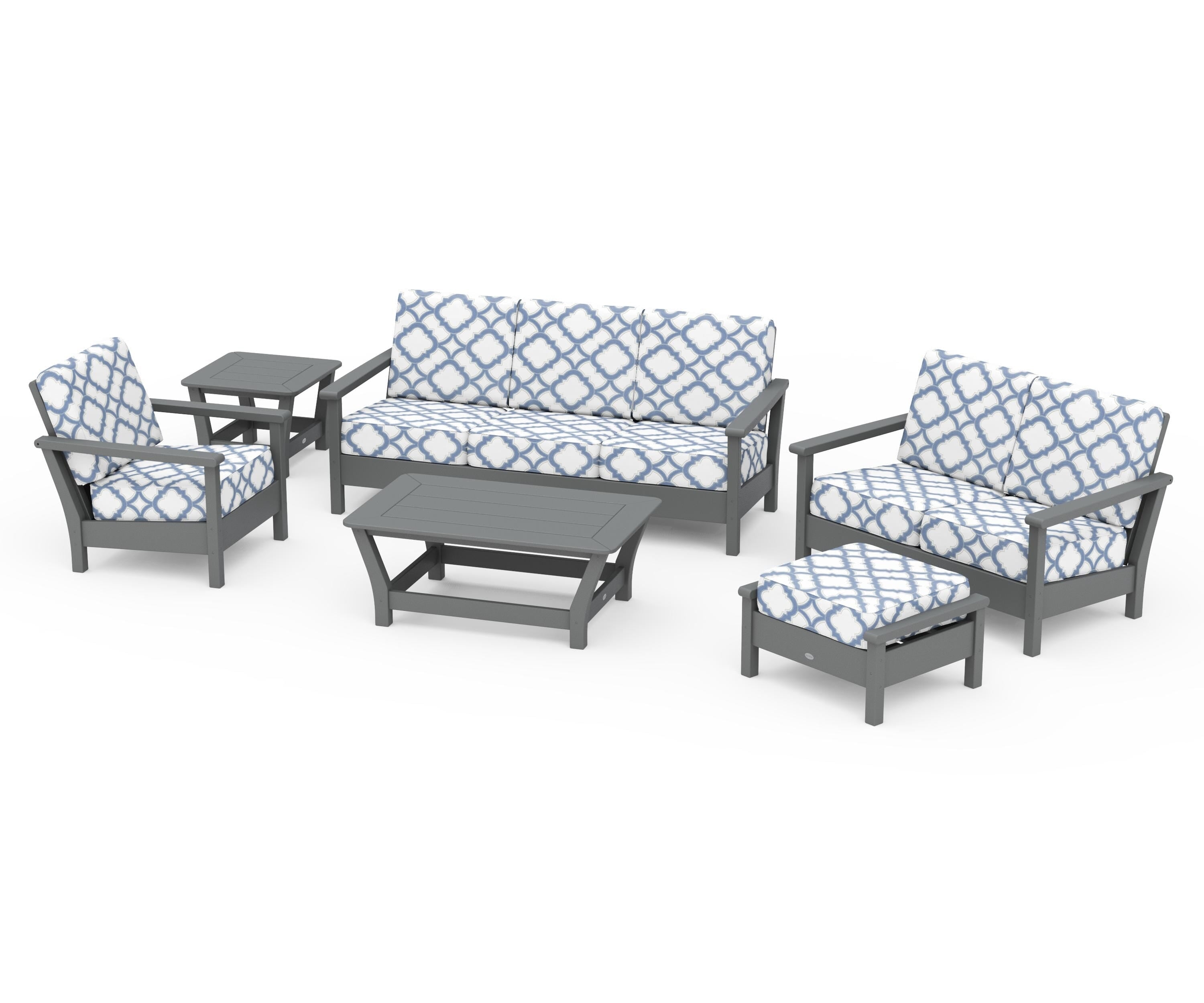 POLYWOOD® Harbour 6-Piece Outdoor Living Set in Slate Grey / Trellis Sky Blue