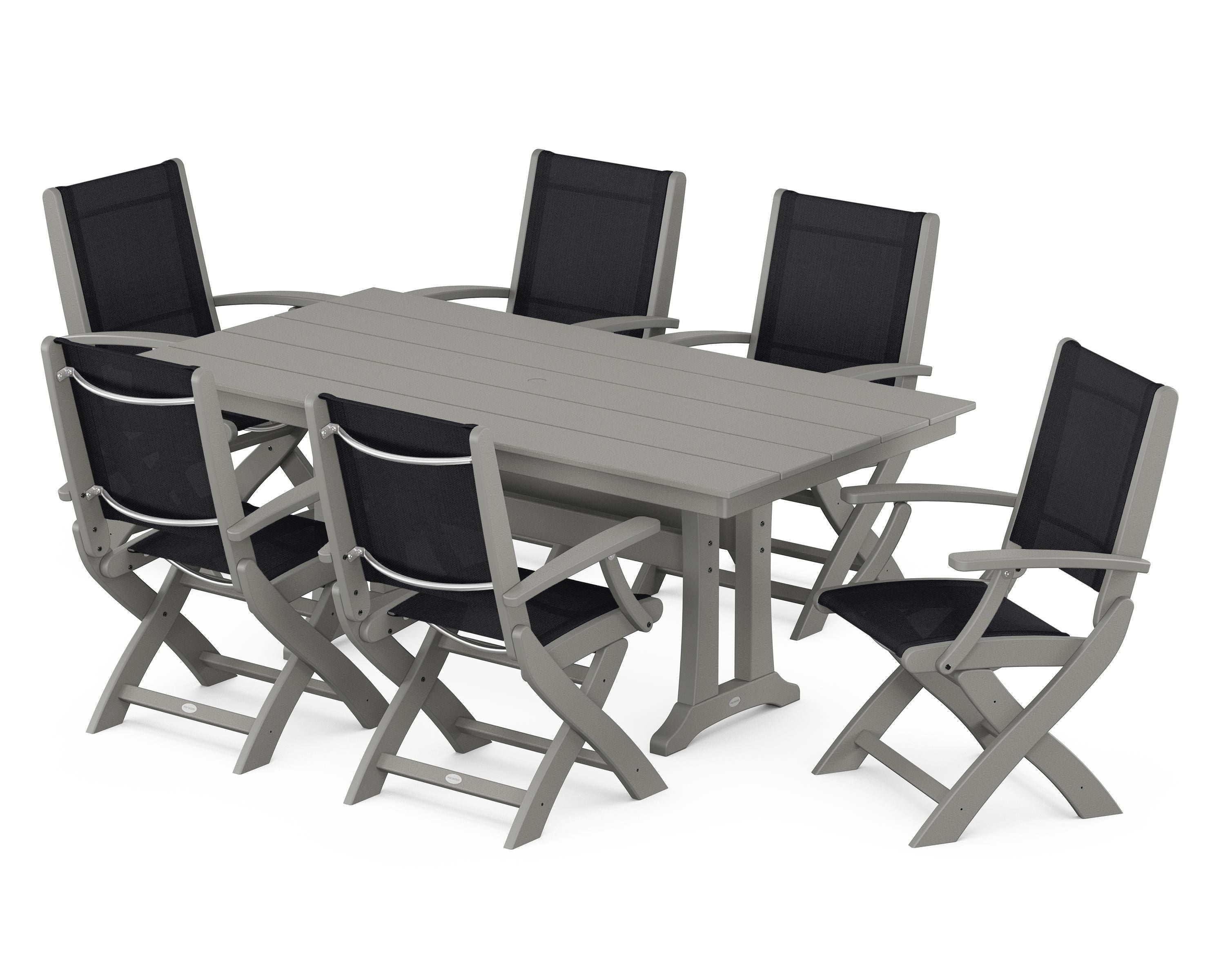 POLYWOOD® Coastal Folding Arm Chair 7-Piece Farmhouse Dining Set with Trestle Legs in Slate Grey / Black Sling