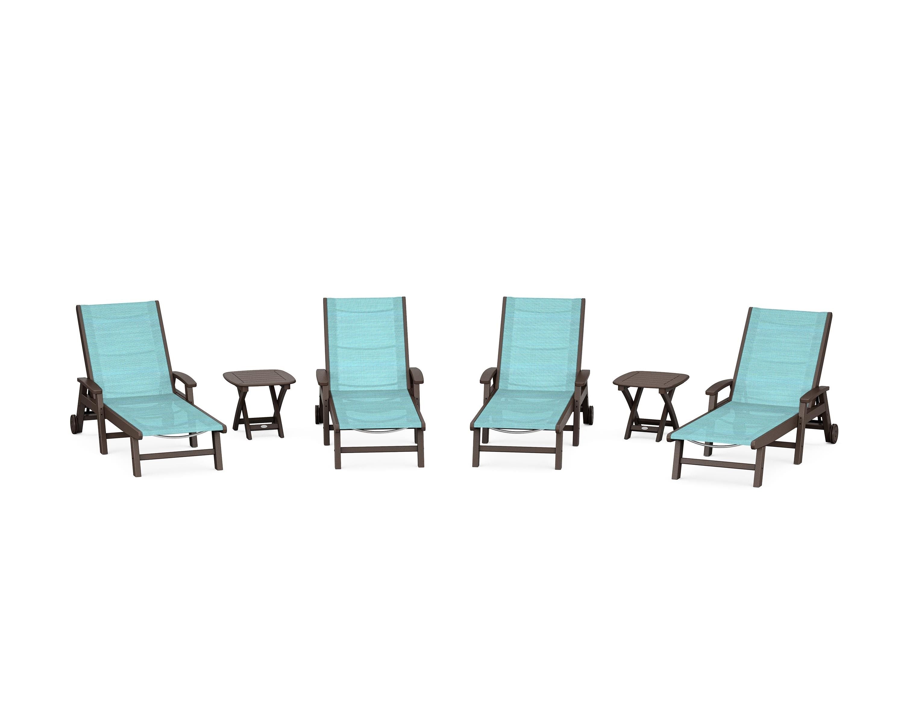 POLYWOOD® Coastal Chaise 6-Piece Set with Wheels in Mahogany / Dupioni Aquamarine Sling