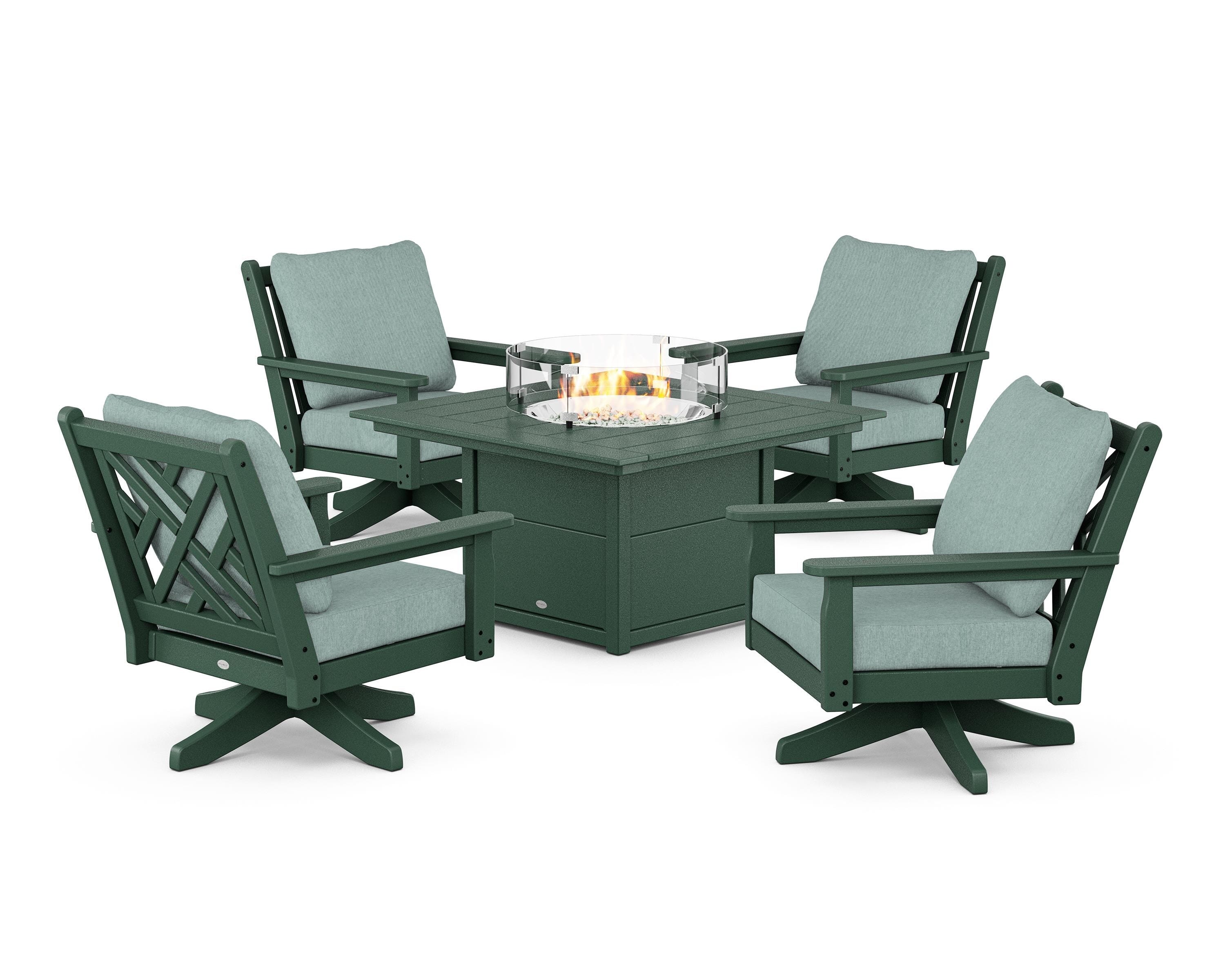 POLYWOOD® Chippendale 5-Piece Deep Seating Swivel Conversation Set with Fire Pit Table in Green / Glacier Spa