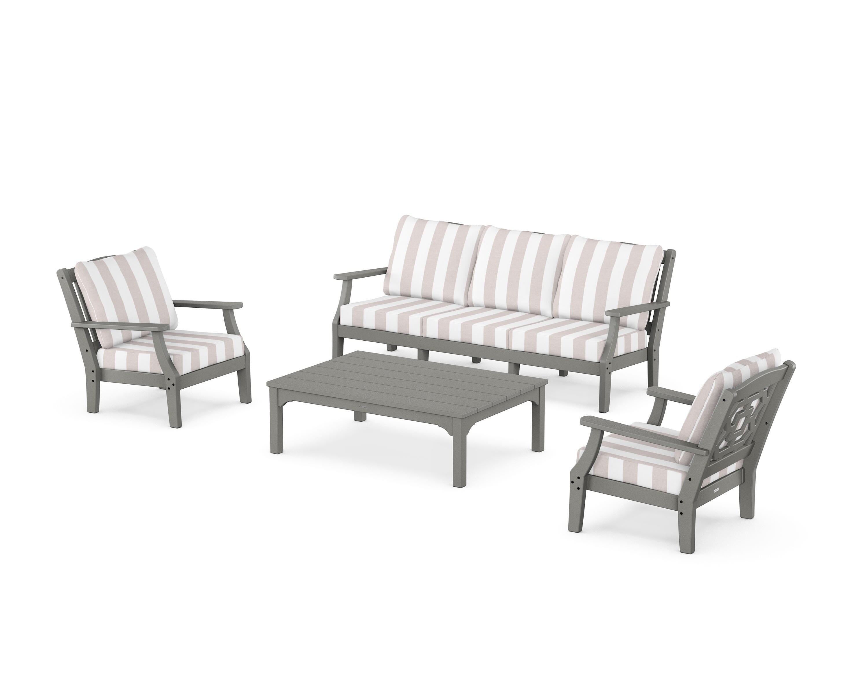 Martha Stewart by POLYWOOD® Chinoiserie 4-Piece Deep Seating Set with Sofa in Slate Grey / Cabana Stripe Dune Burlap