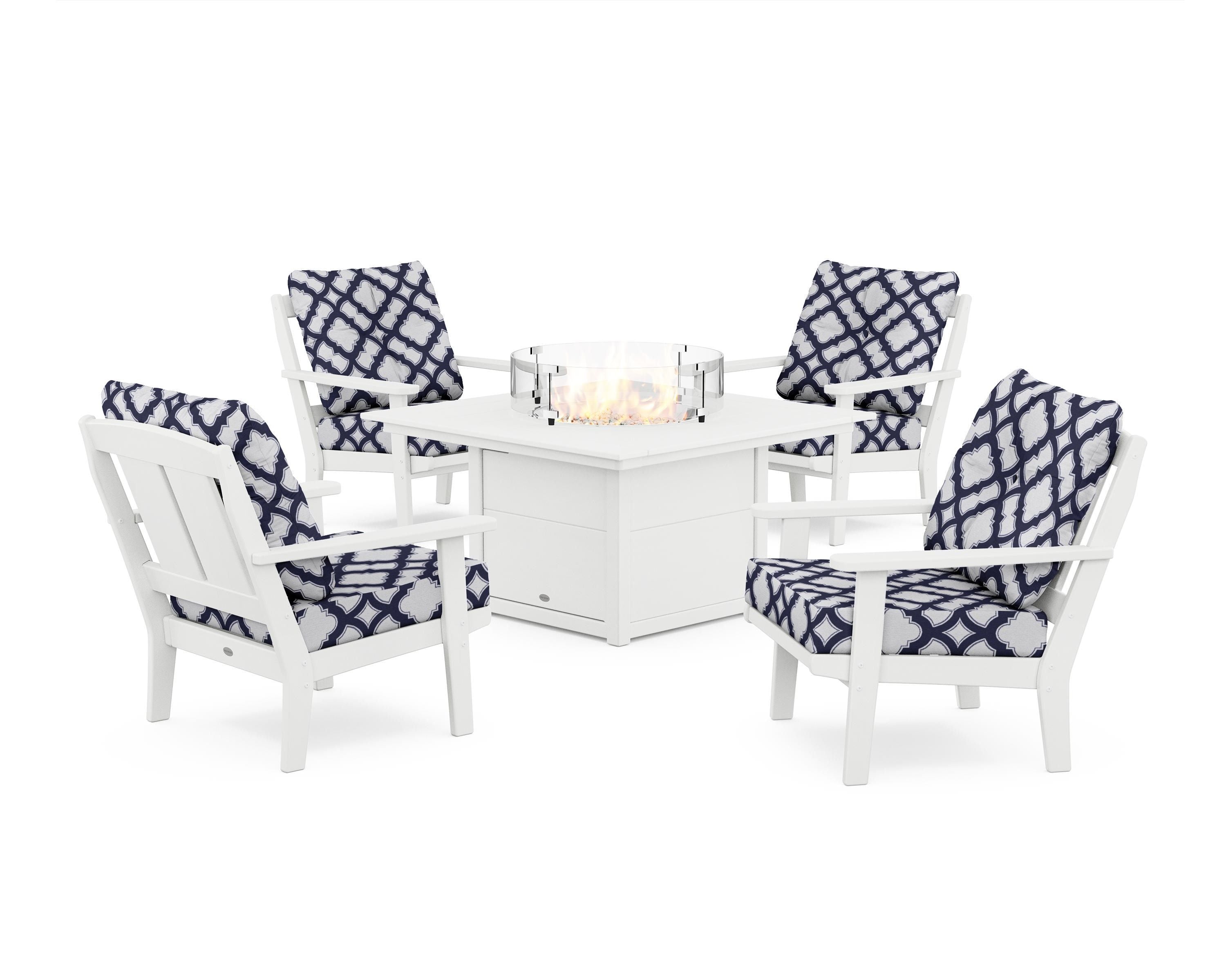 POLYWOOD® Mission 5-Piece Deep Seating Set with Fire Pit Table in White / Trellis Navy