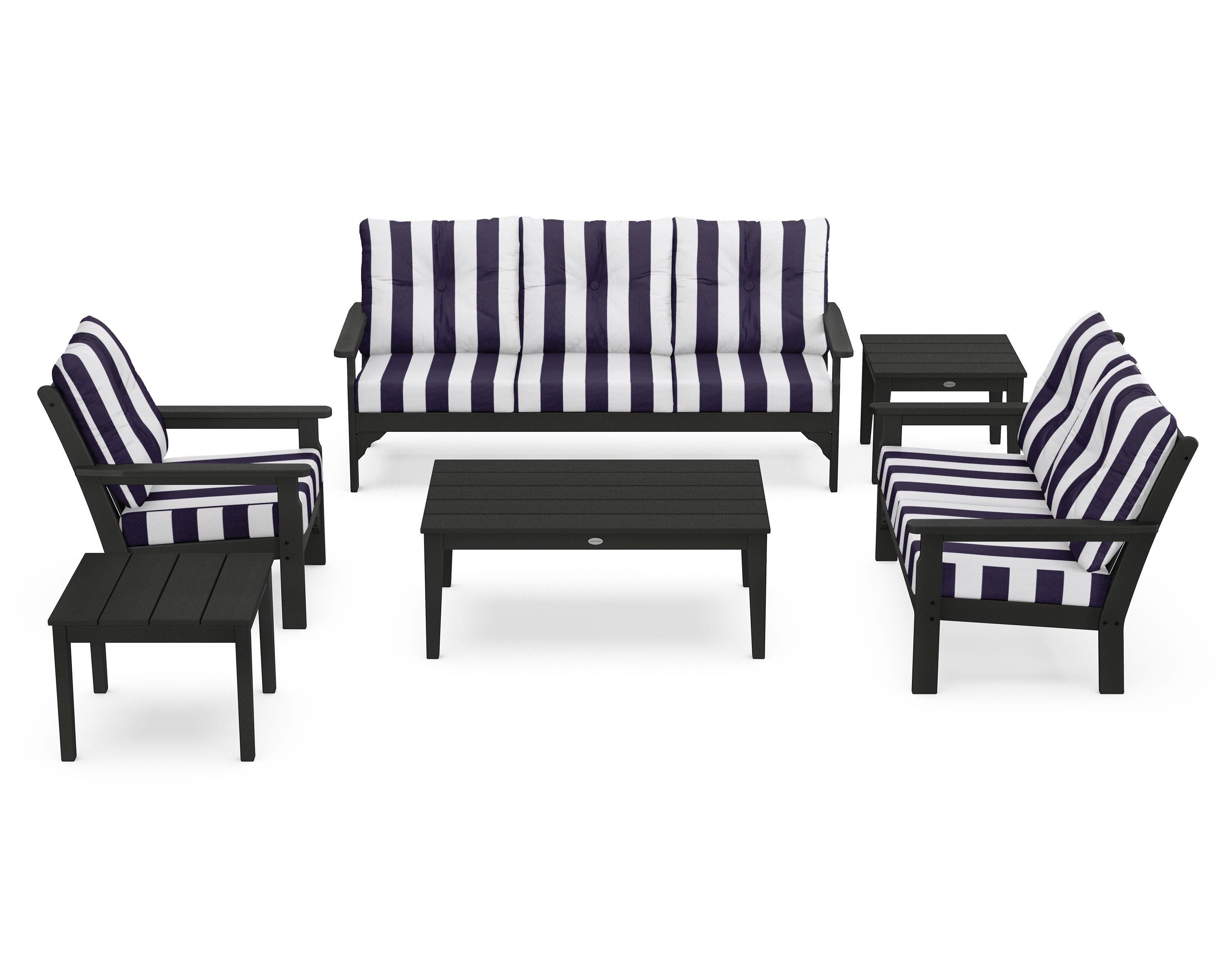 POLYWOOD® Vineyard 6-Piece Deep Seating Set in Green / Cabana Stripe Navy