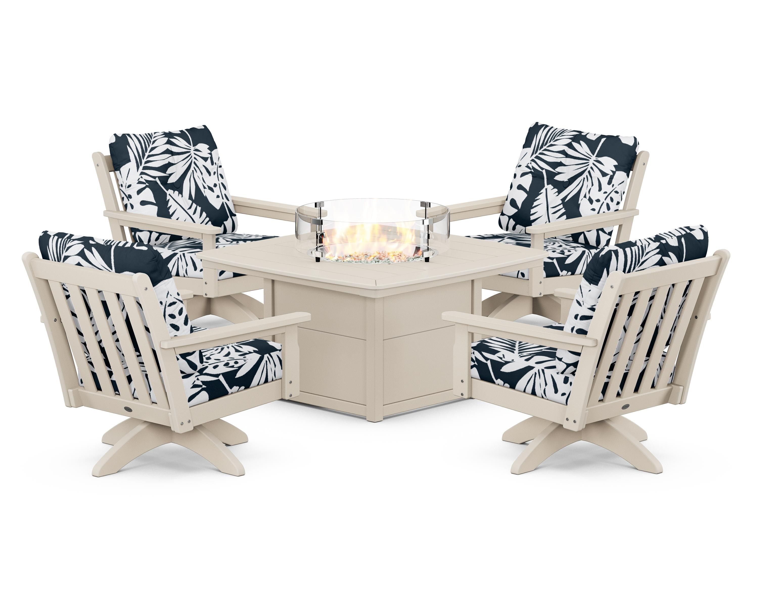 POLYWOOD® Vineyard 5-Piece Deep Seating Swivel Conversation Set with Fire Pit Table in Sand / Leaf Marine Indigo