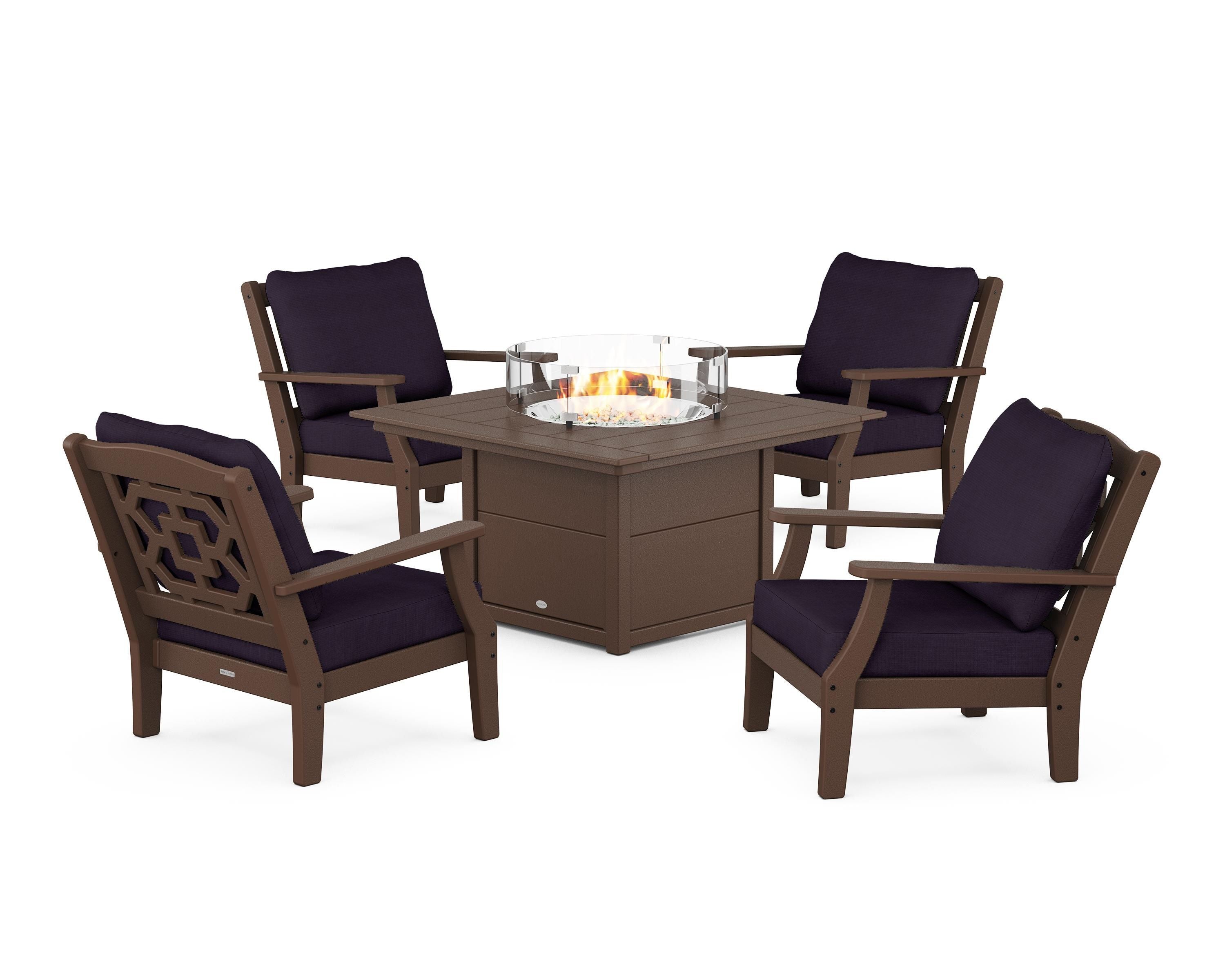 Martha Stewart by POLYWOOD® Chinoiserie 5-Piece Deep Seating Set with Fire Pit Table in Mahogany / Navy Linen
