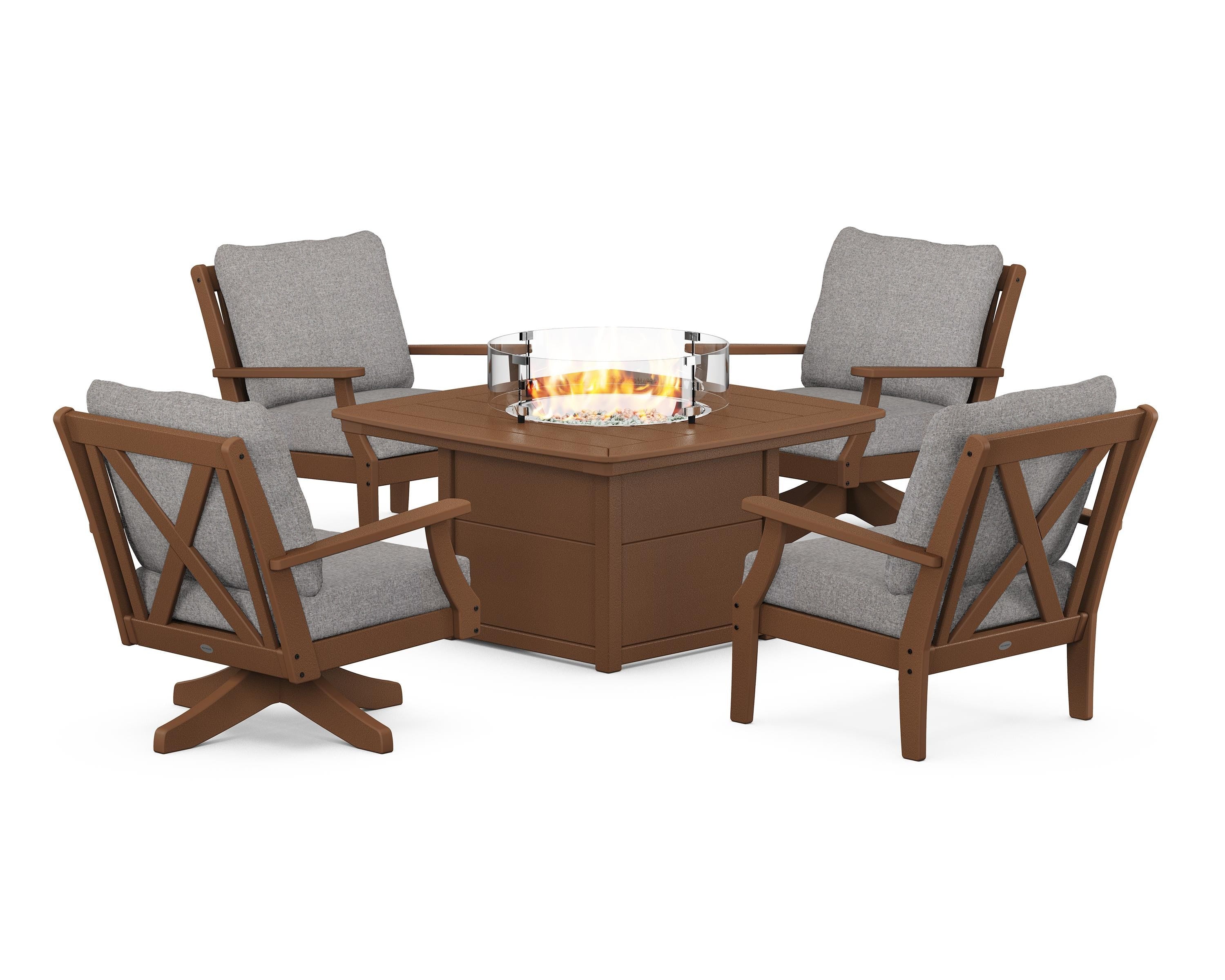 POLYWOOD® Braxton 5-Piece Deep Seating Set with Fire Table in Teak / Grey Mist