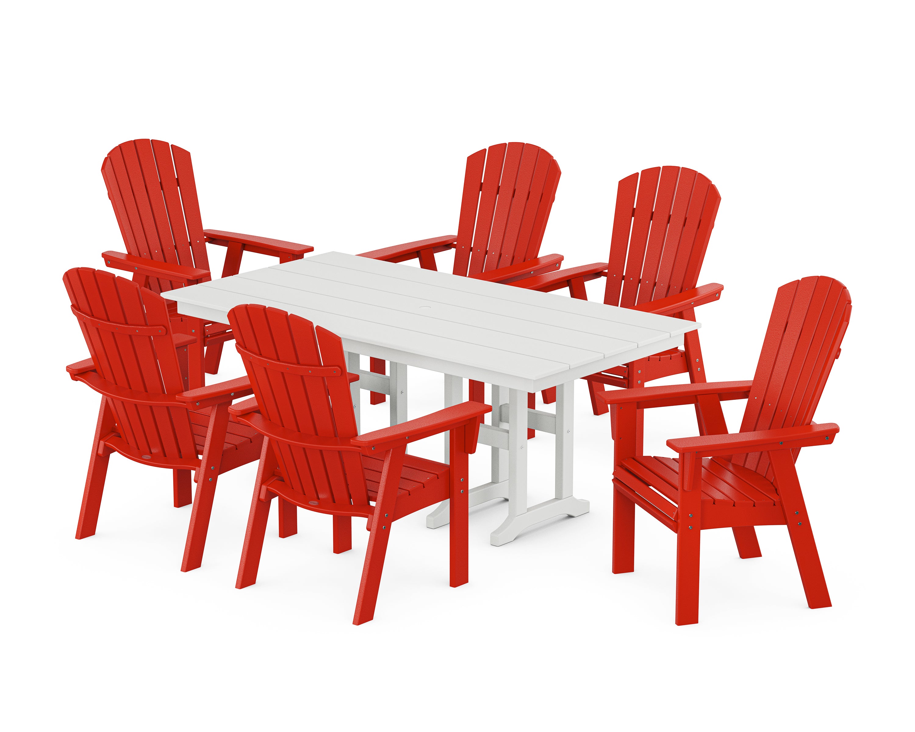 POLYWOOD® Nautical Curveback Adirondack 7-Piece Farmhouse Dining Set in Sunset Red / White