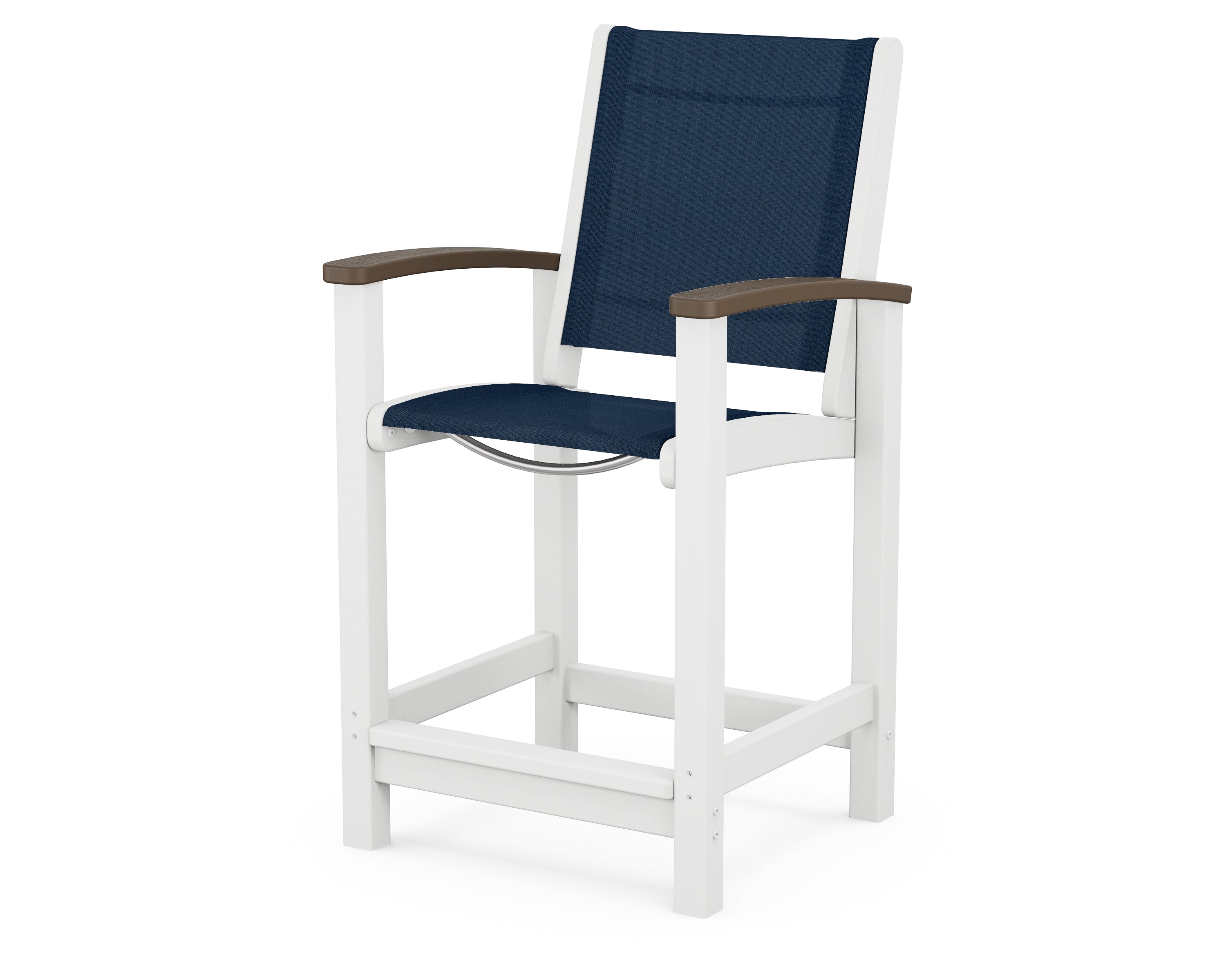 POLYWOOD® Coastal Counter Chair in White / Kona / Navy Blue Sling