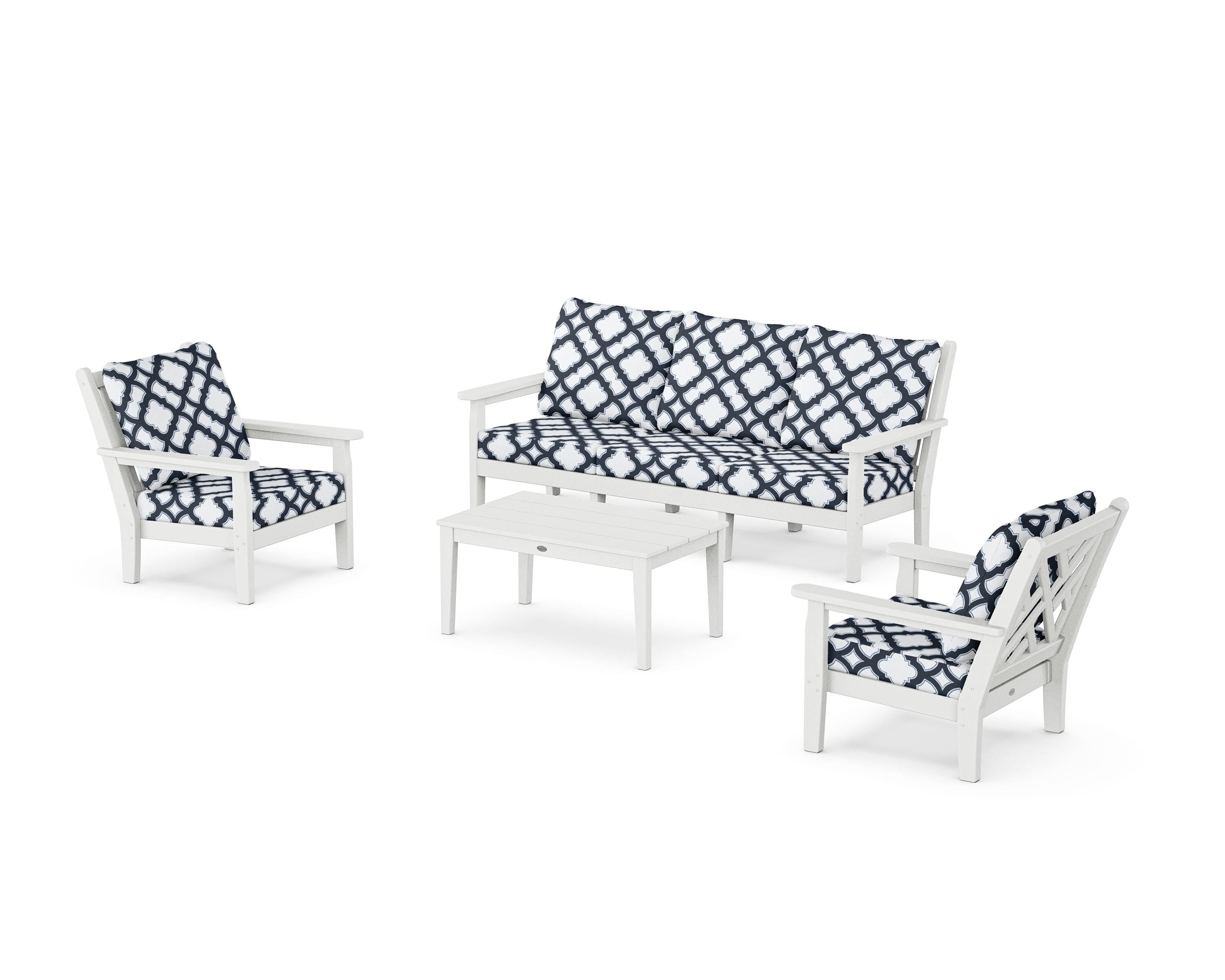 POLYWOOD® Chippendale 4-Piece Deep Seating Set with Sofa in White / Trellis Marine Indigo