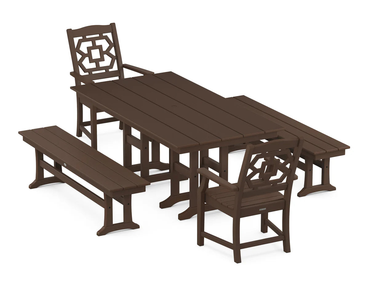 Chinoiserie 5-Piece Farmhouse Dining Set with Benches