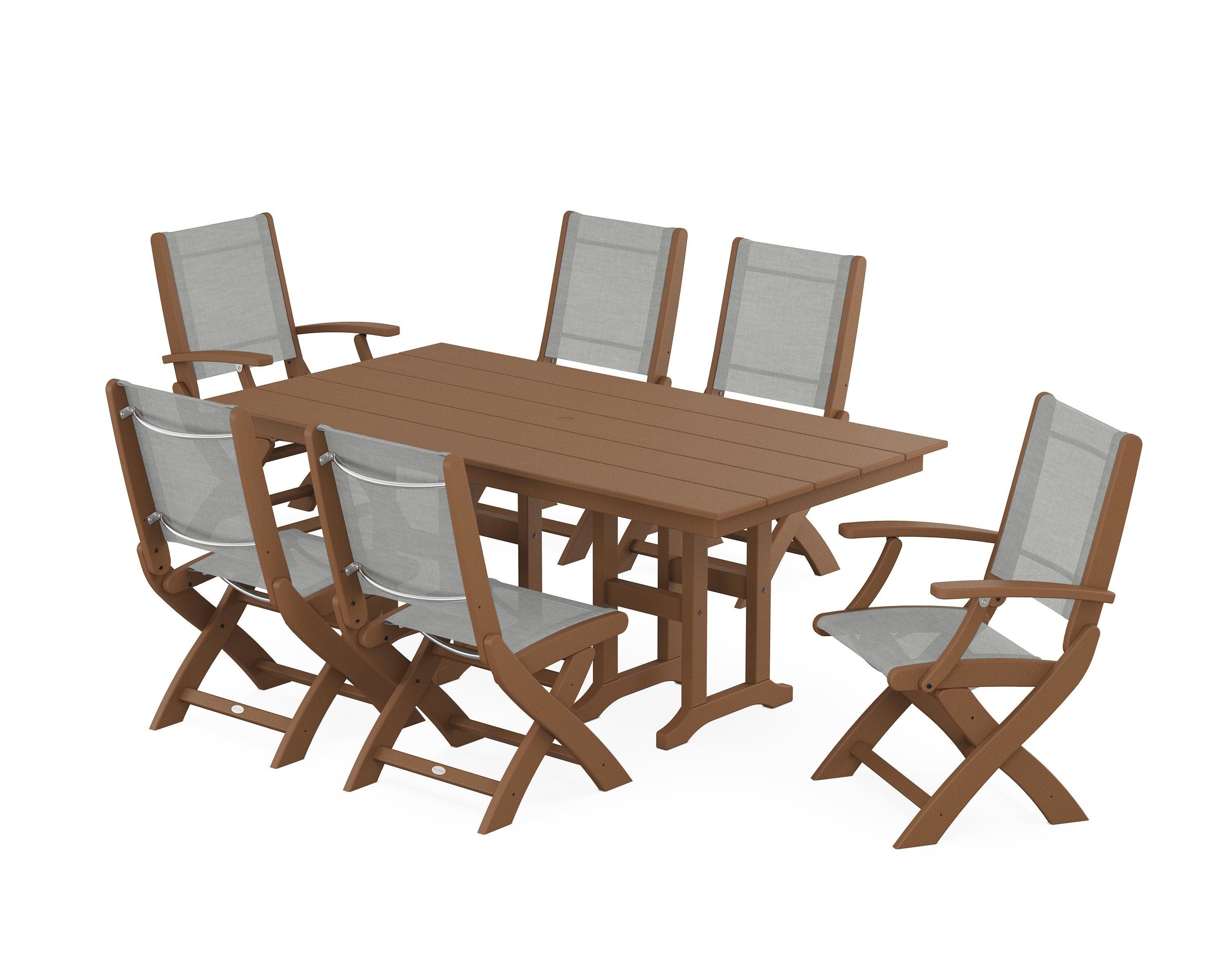 POLYWOOD® Coastal Folding Chair 7-Piece Farmhouse Dining Set in Teak / Metallic Sling