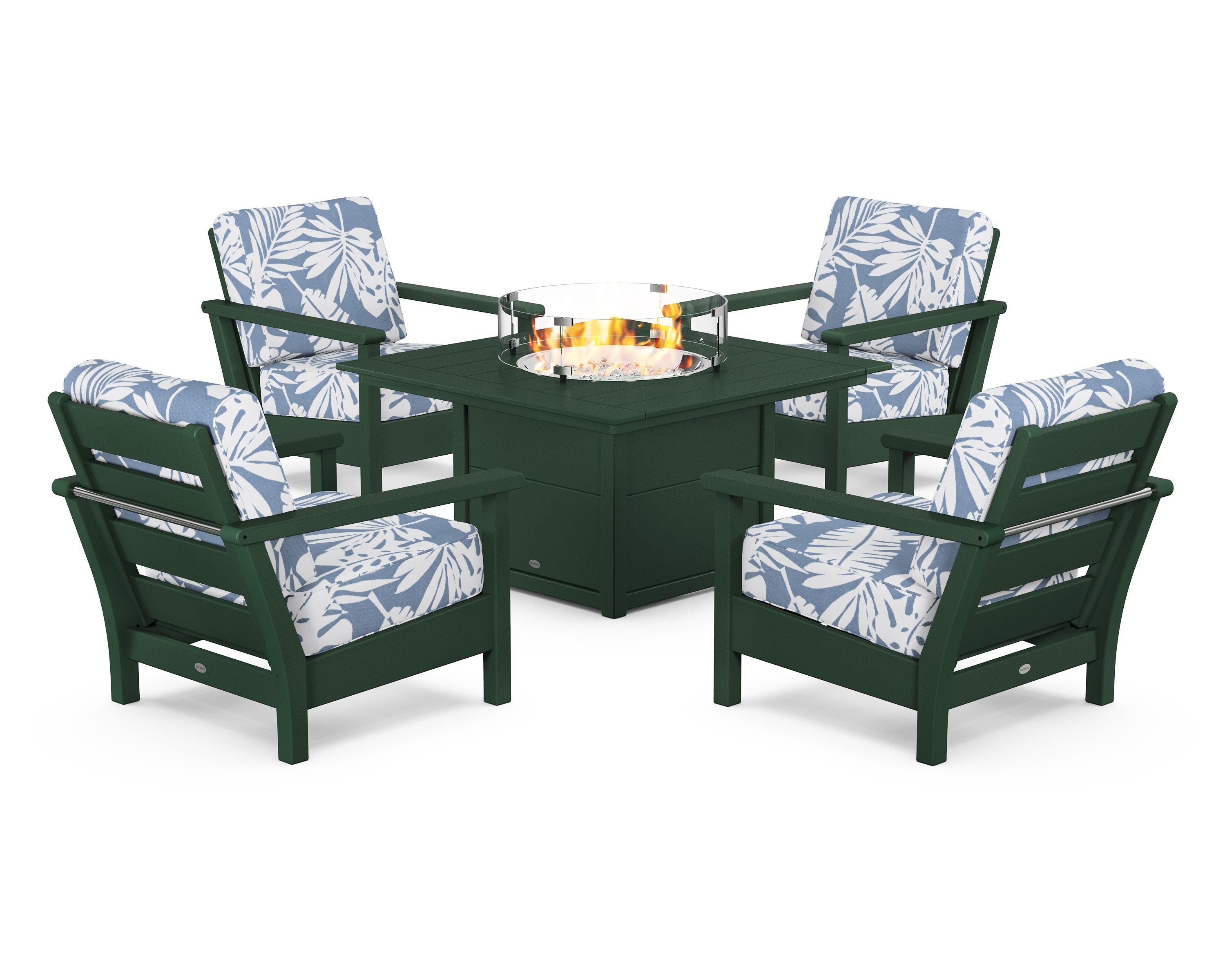 POLYWOOD® Harbour 5-Piece Conversation Set with Fire Pit Table in Green / Leaf Sky Blue