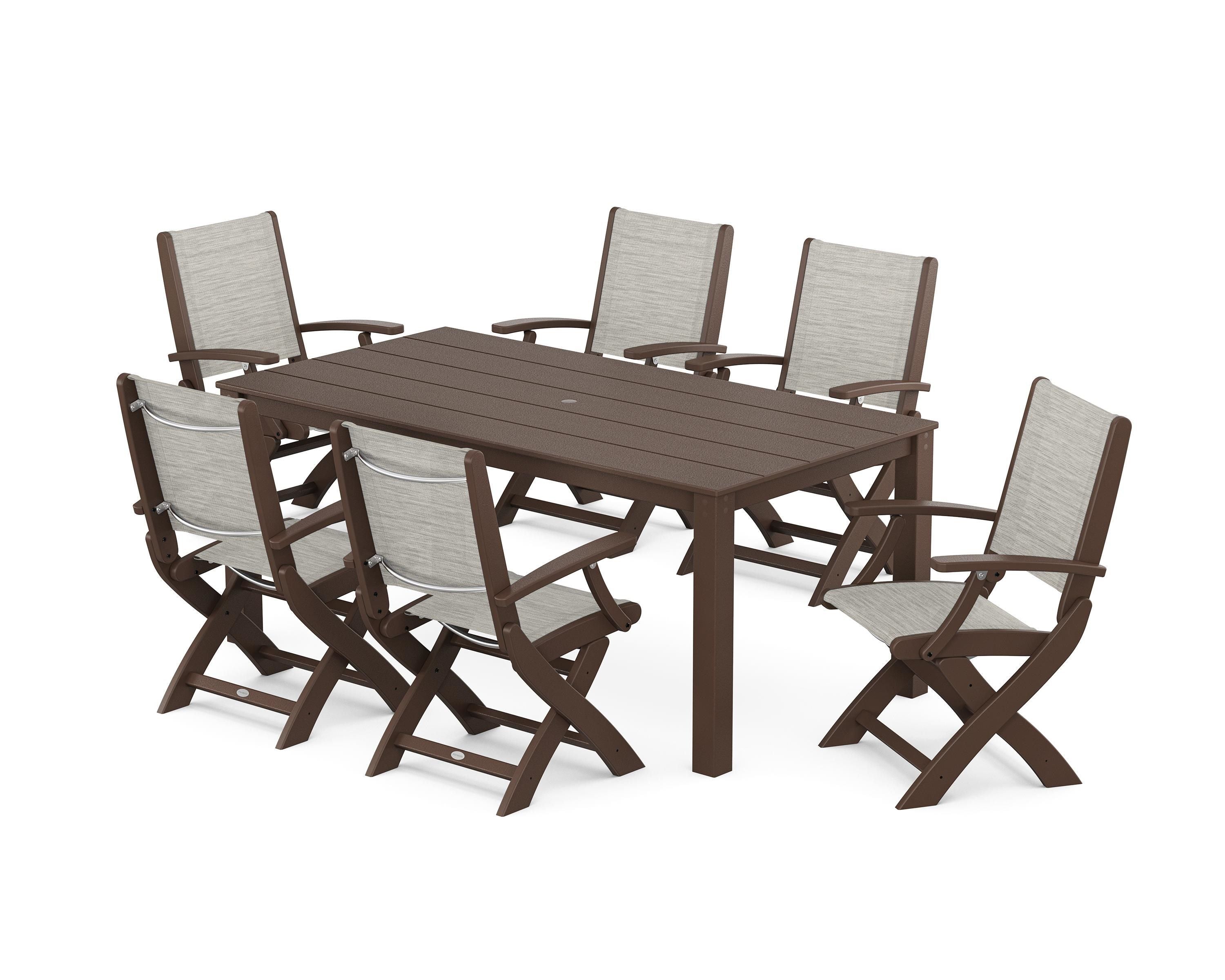 POLYWOOD® Coastal Folding Chair 7-Piece Parsons Dining Set in Mahogany / Birch Sling