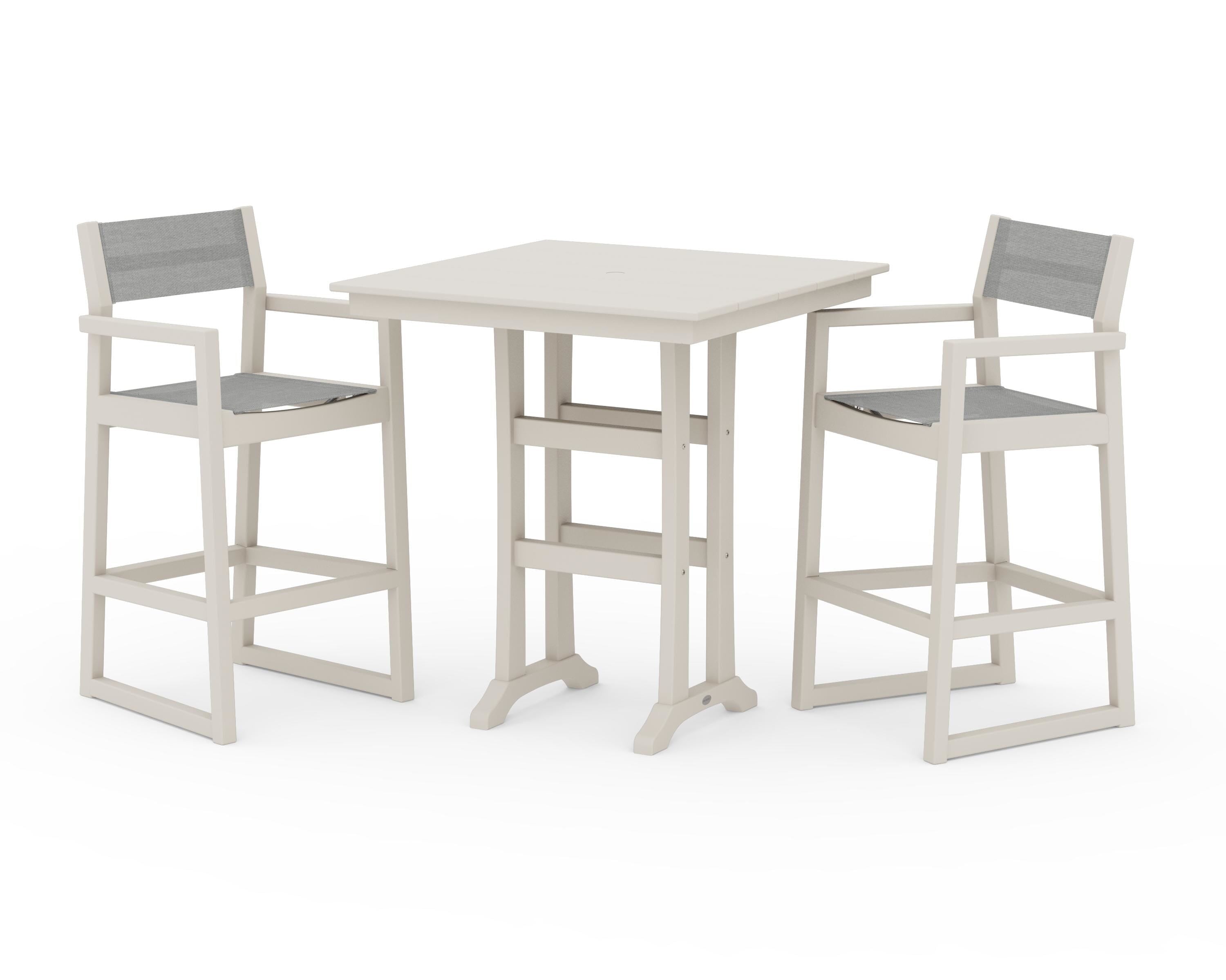 POLYWOOD® EDGE Sling Arm Chair 3-Piece Farmhouse Bar Set with Trestle Legs in Sand / Metallic Sling
