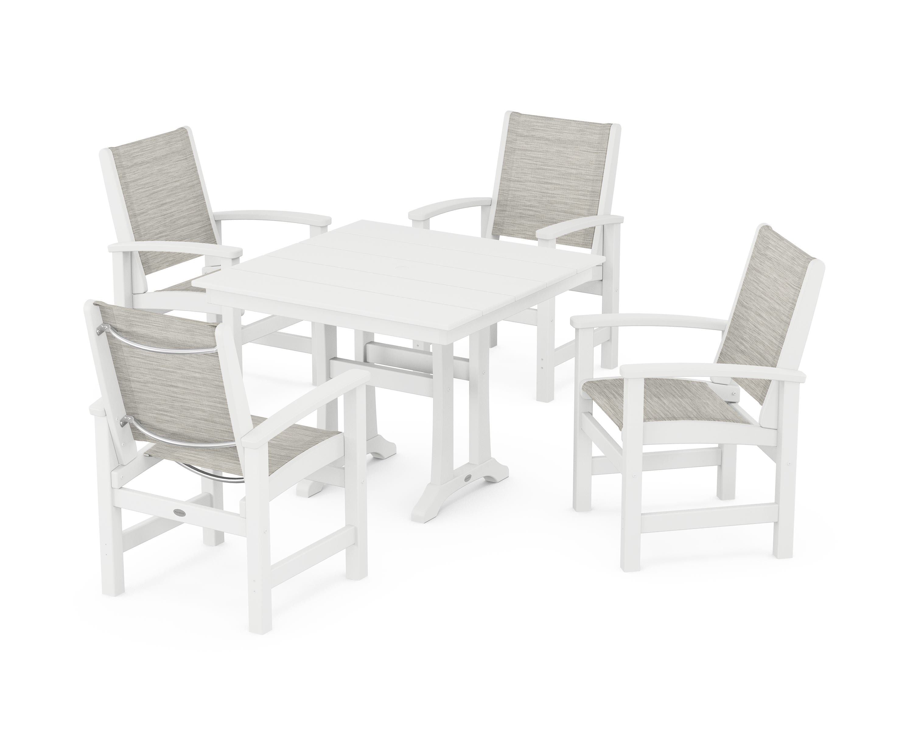POLYWOOD® Coastal 5-Piece Farmhouse Dining Set With Trestle Legs in White / Birch Sling