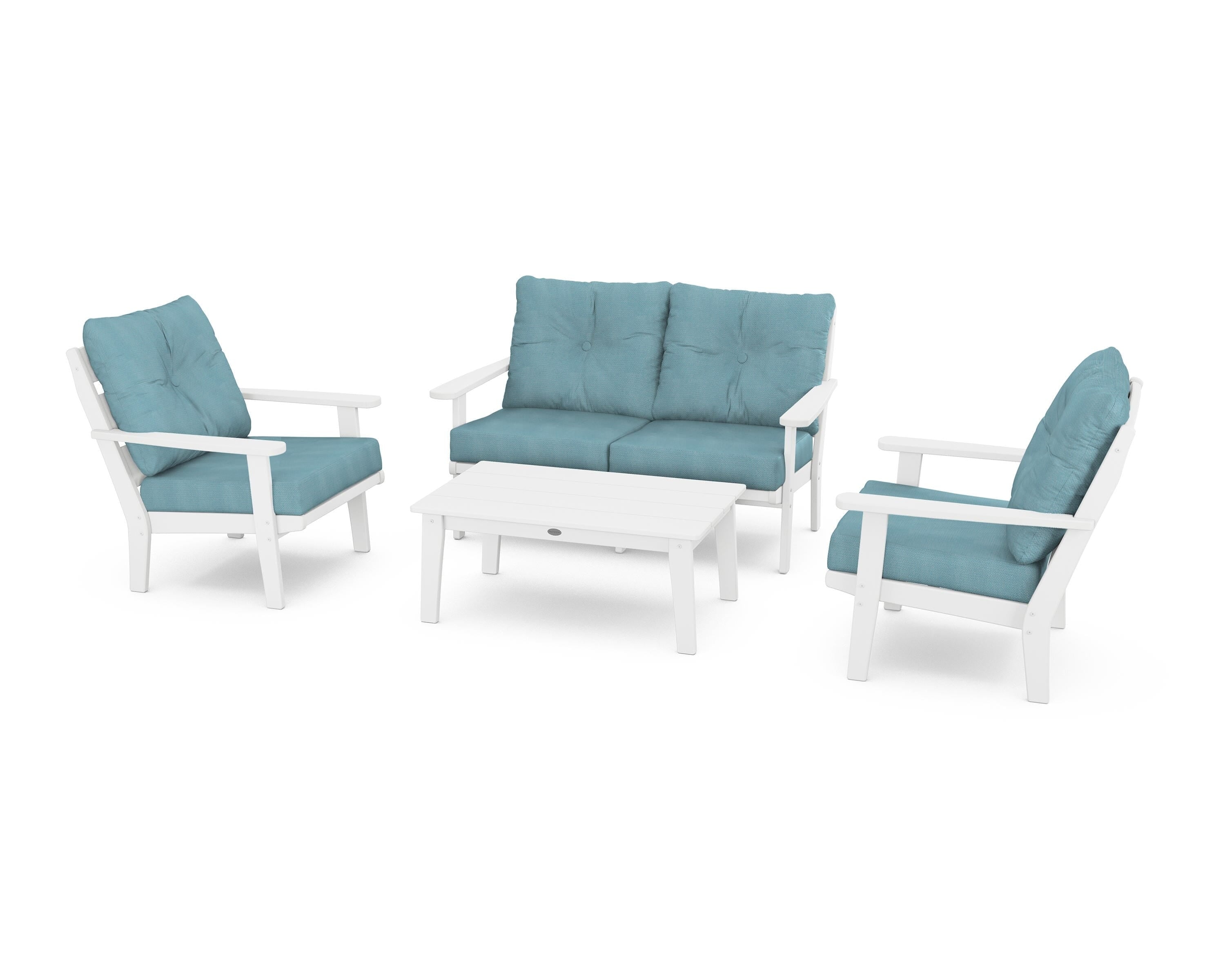 POLYWOOD® Lakeside 4-Piece Deep Seating Set in White / Lattice Sky Blue
