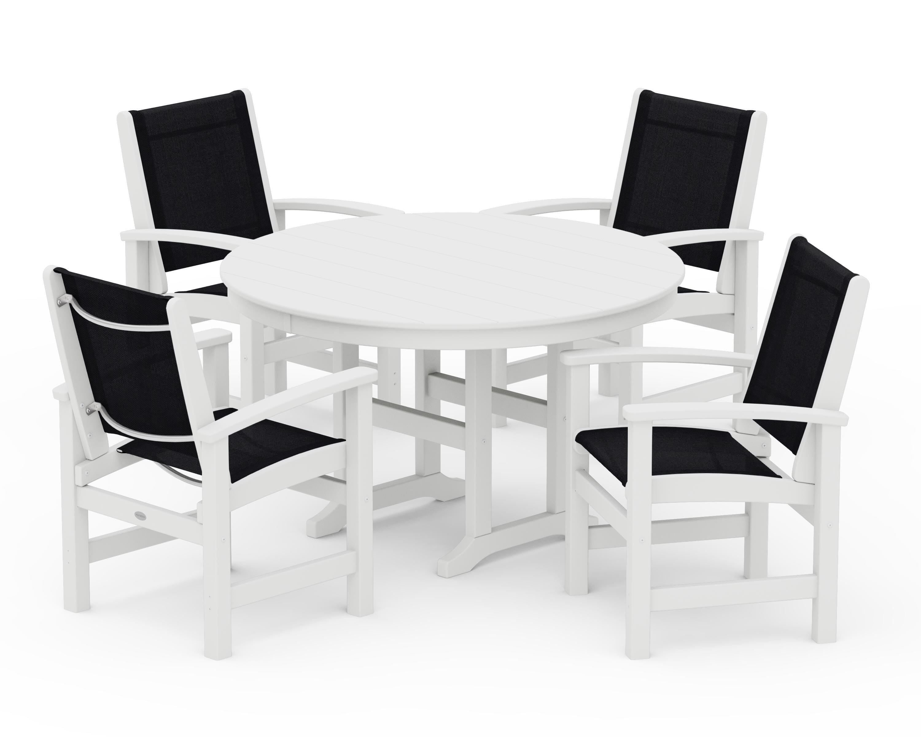 POLYWOOD® Coastal 5-Piece Round Farmhouse Dining Set in White / Black Sling