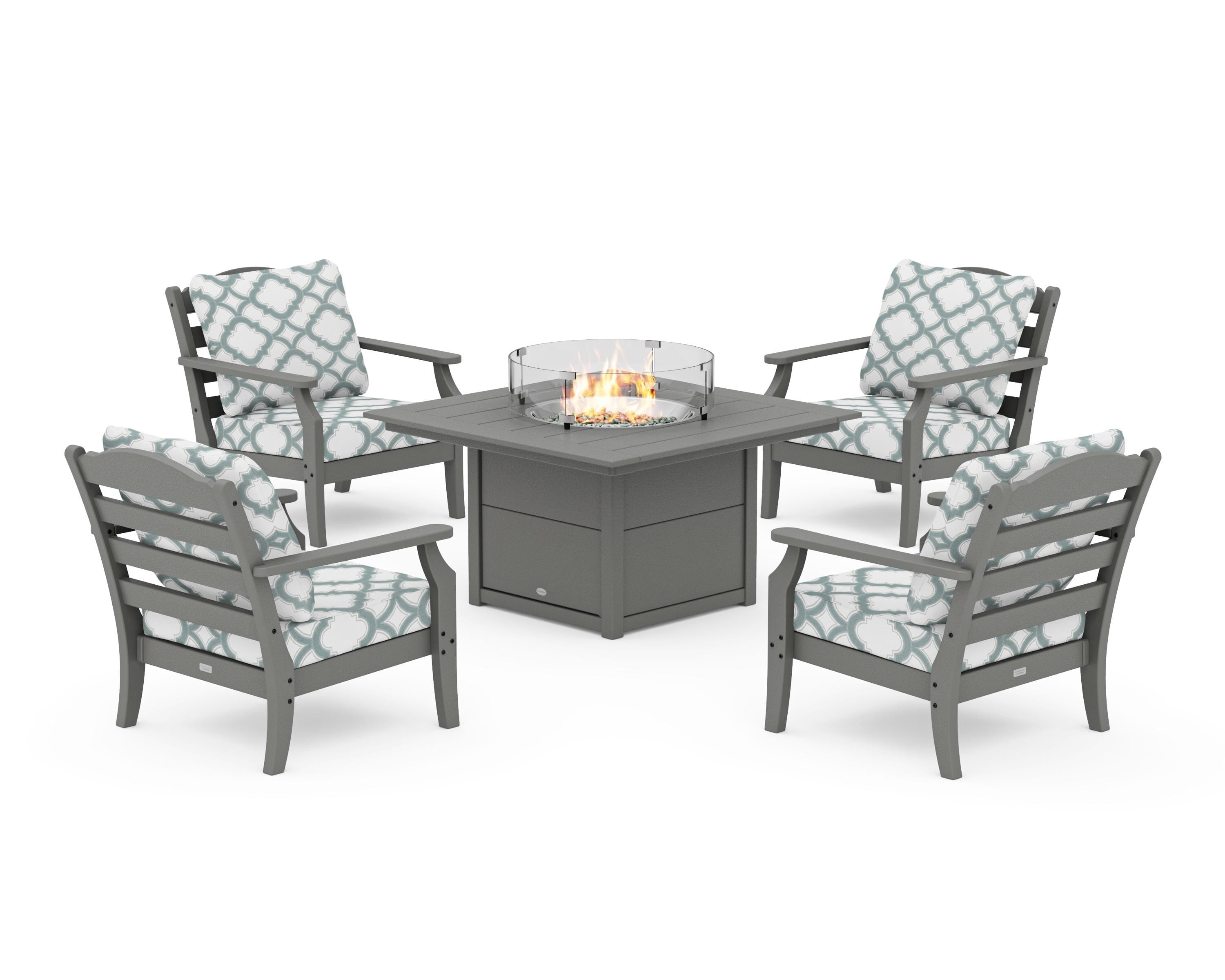 Draper James™ by POLYWOOD® Savannah 5-Piece Deep Seating Set with Fire Pit Table in Slate Grey / Trellis Glacier Spa