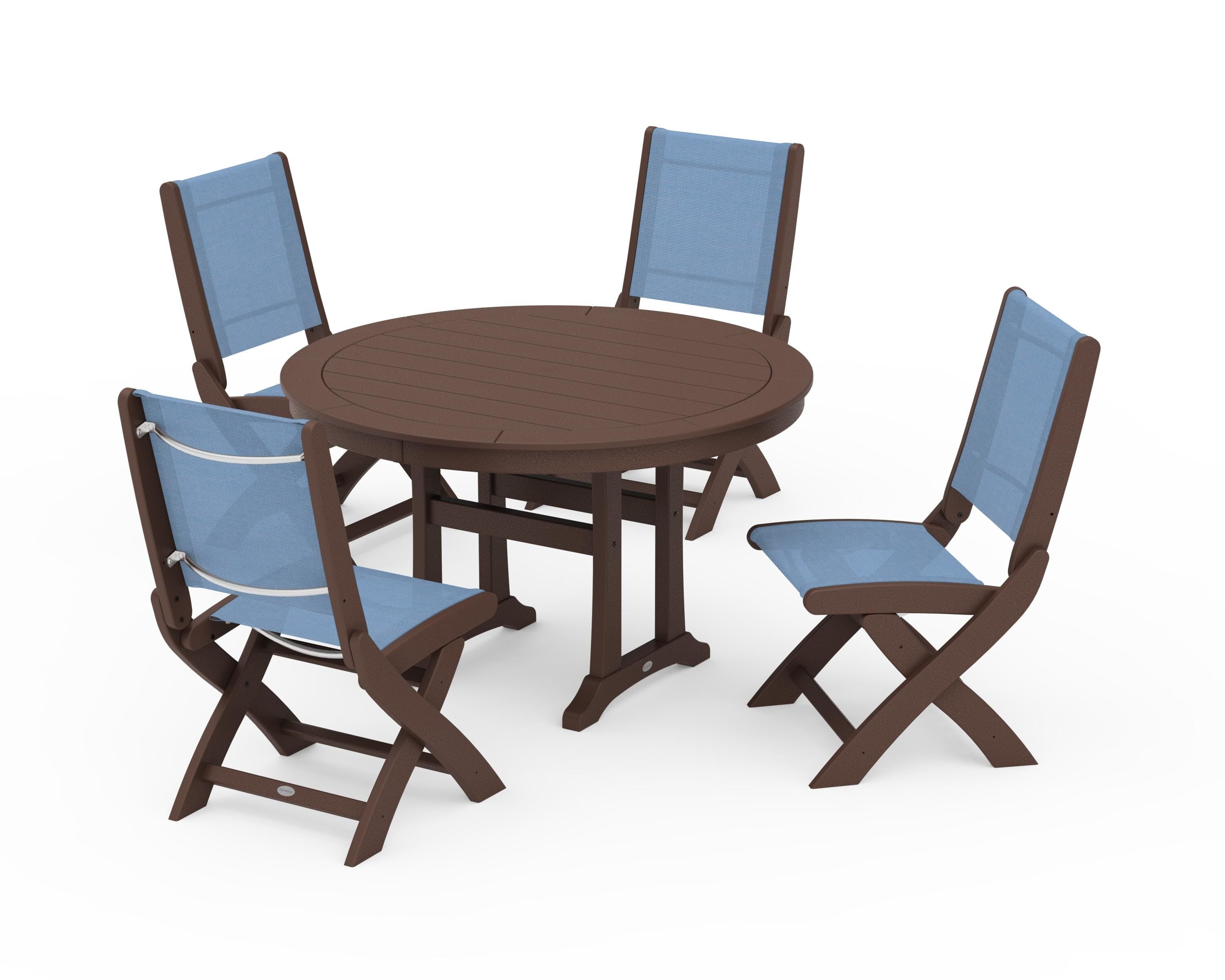 POLYWOOD® Coastal Folding Side Chair 5-Piece Round Dining Set With Trestle Legs in Mahogany / Poolside Sling
