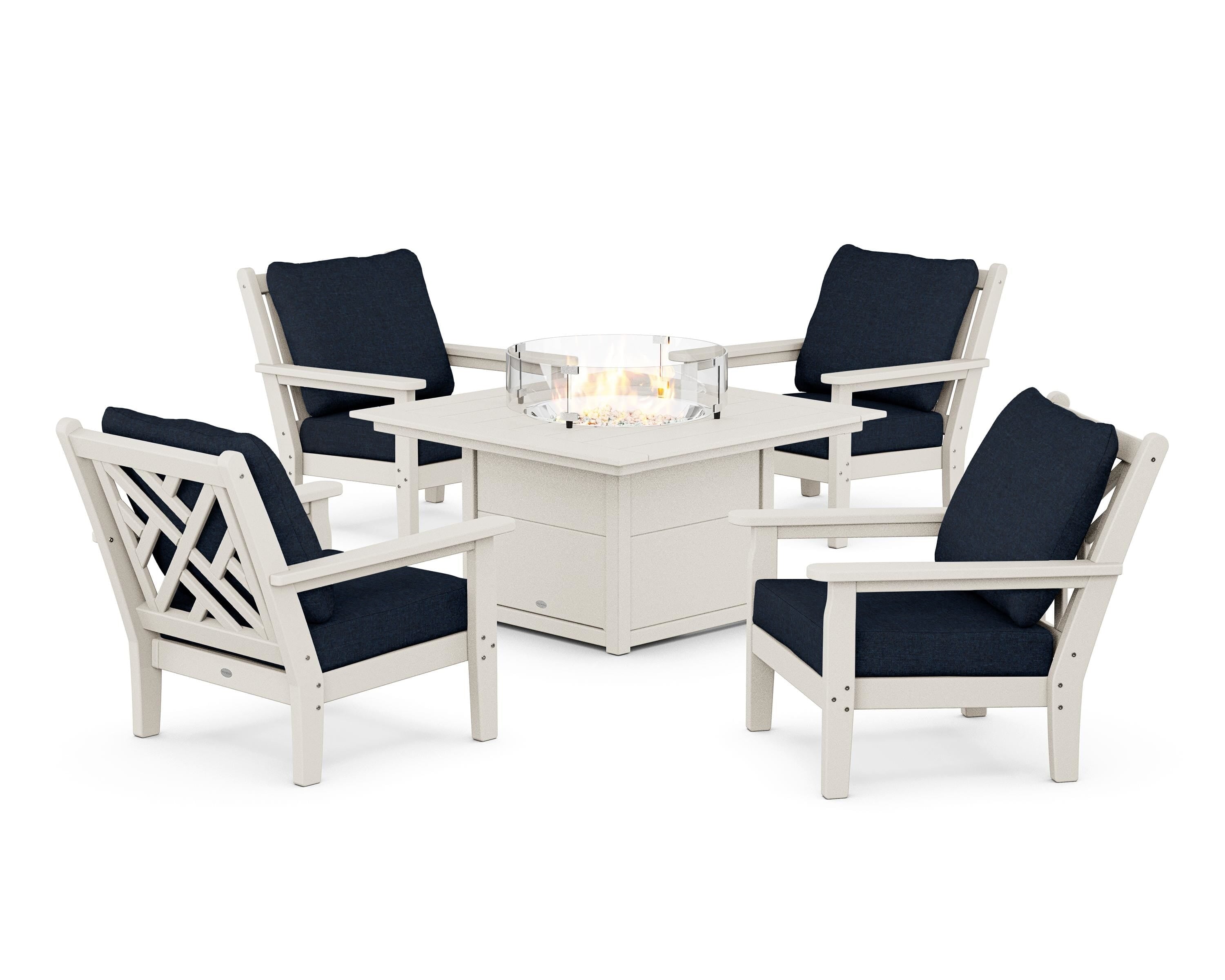 POLYWOOD® Chippendale 5-Piece Deep Seating Set with Fire Pit Table in Sand / Marine Indigo
