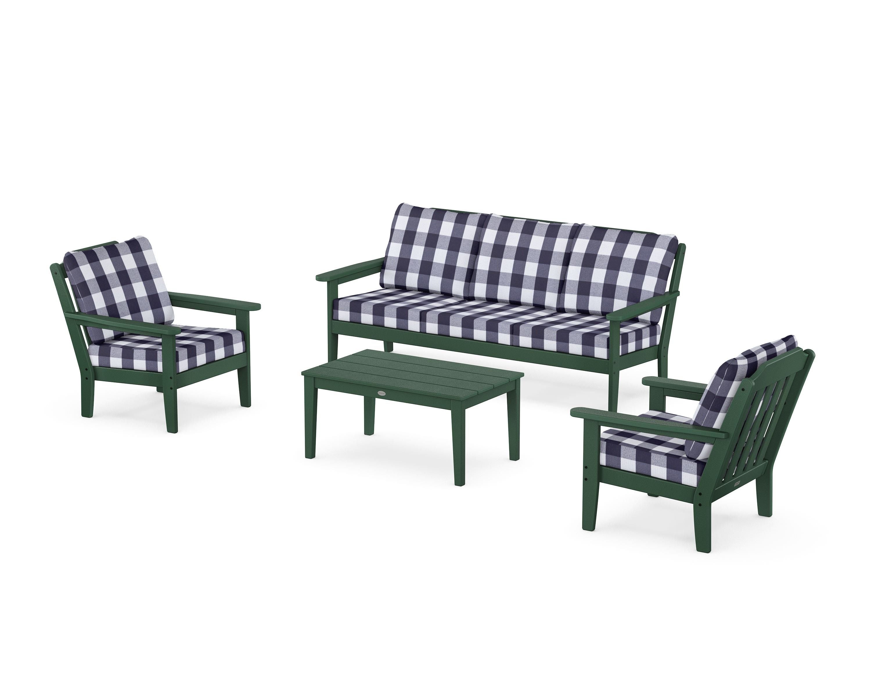 Country Living Cottage 4-Piece Deep Seating Set with Sofa in Green / Buffalo Plaid Navy