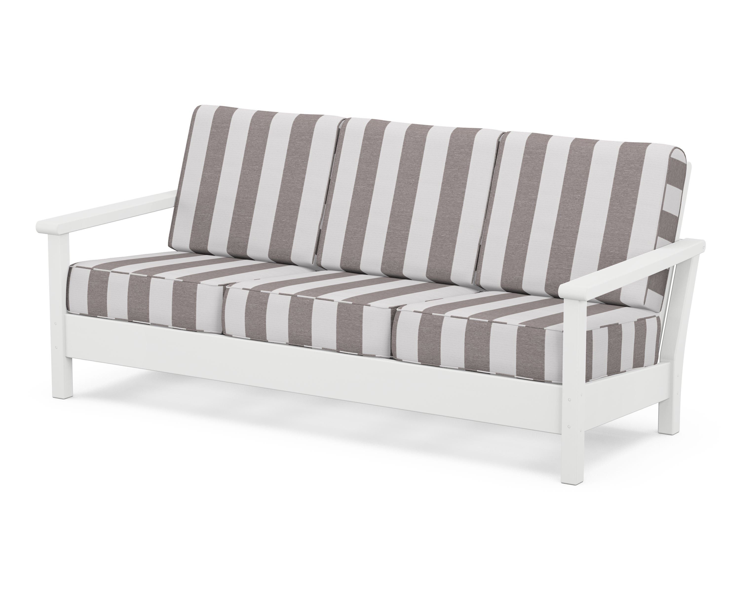 POLYWOOD® Harbour Deep Seating Sofa in White / Cabana Stripe Grey Mist