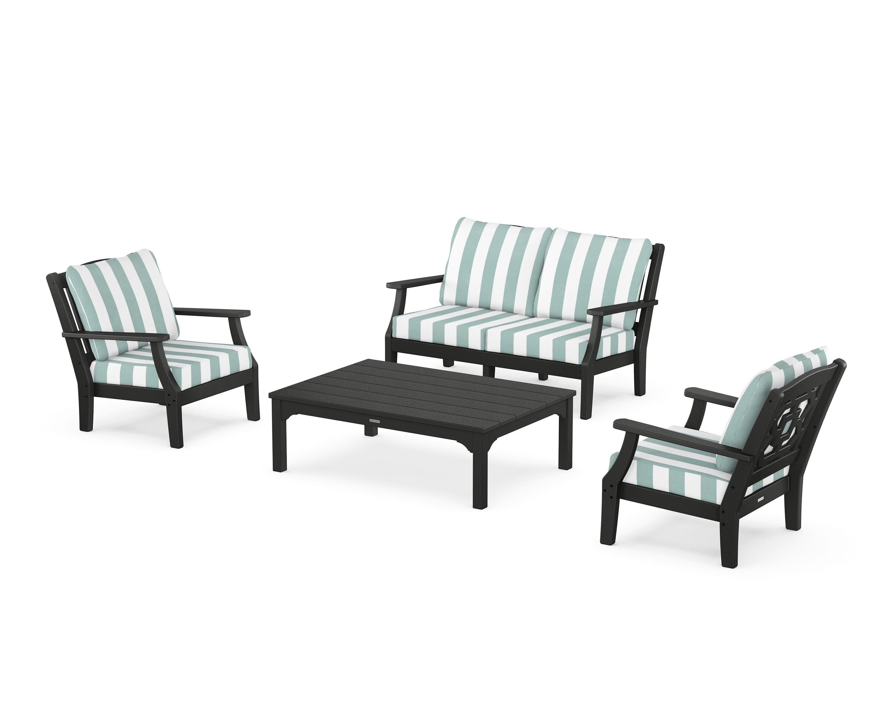 Martha Stewart by POLYWOOD® Chinoiserie 4-Piece Deep Seating Set with Loveseat in Black / Cabana Stripe Glacier Spa