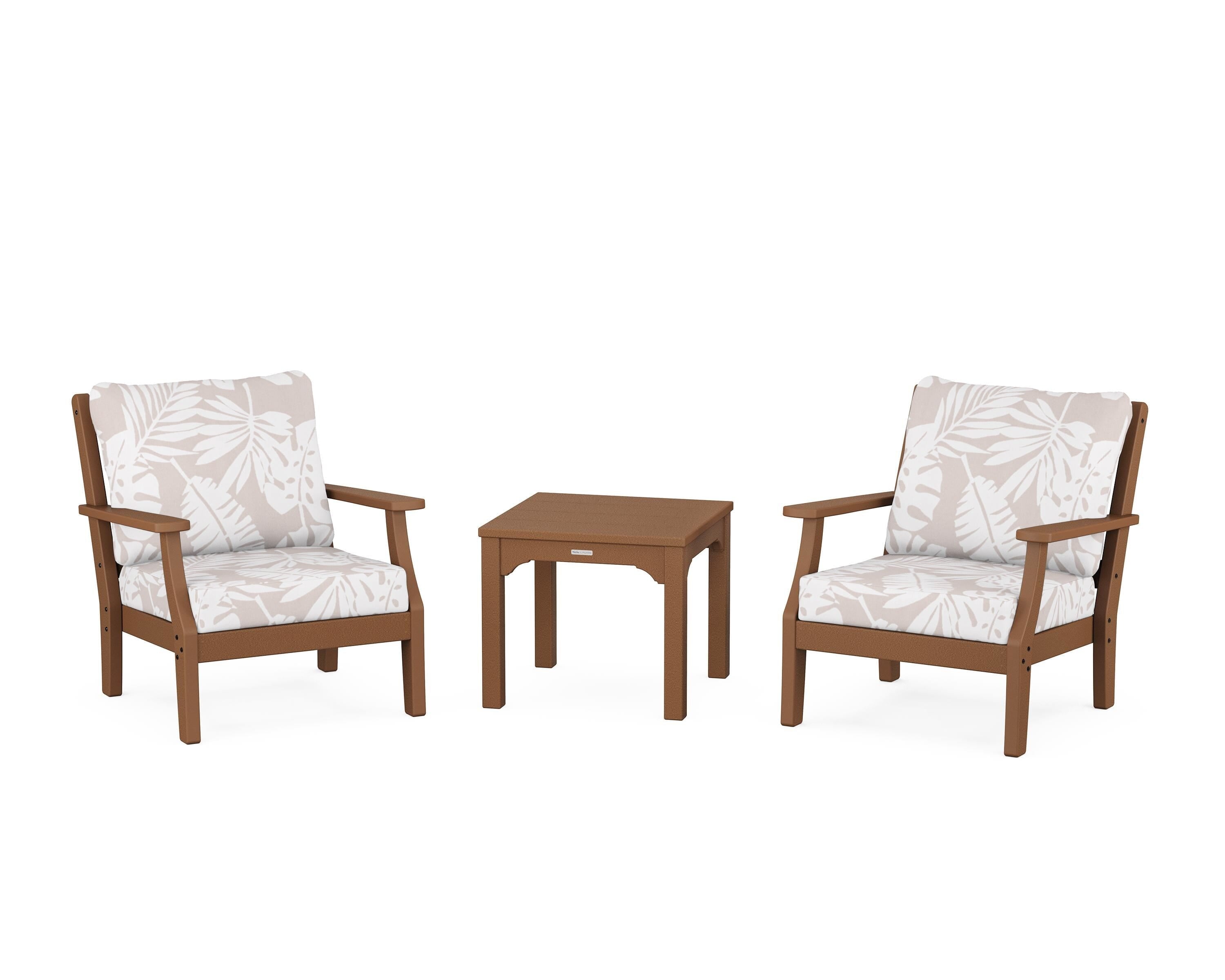 Martha Stewart by POLYWOOD® Chinoiserie 3-Piece Deep Seating Set in Teak / Leaf Dune Burlap