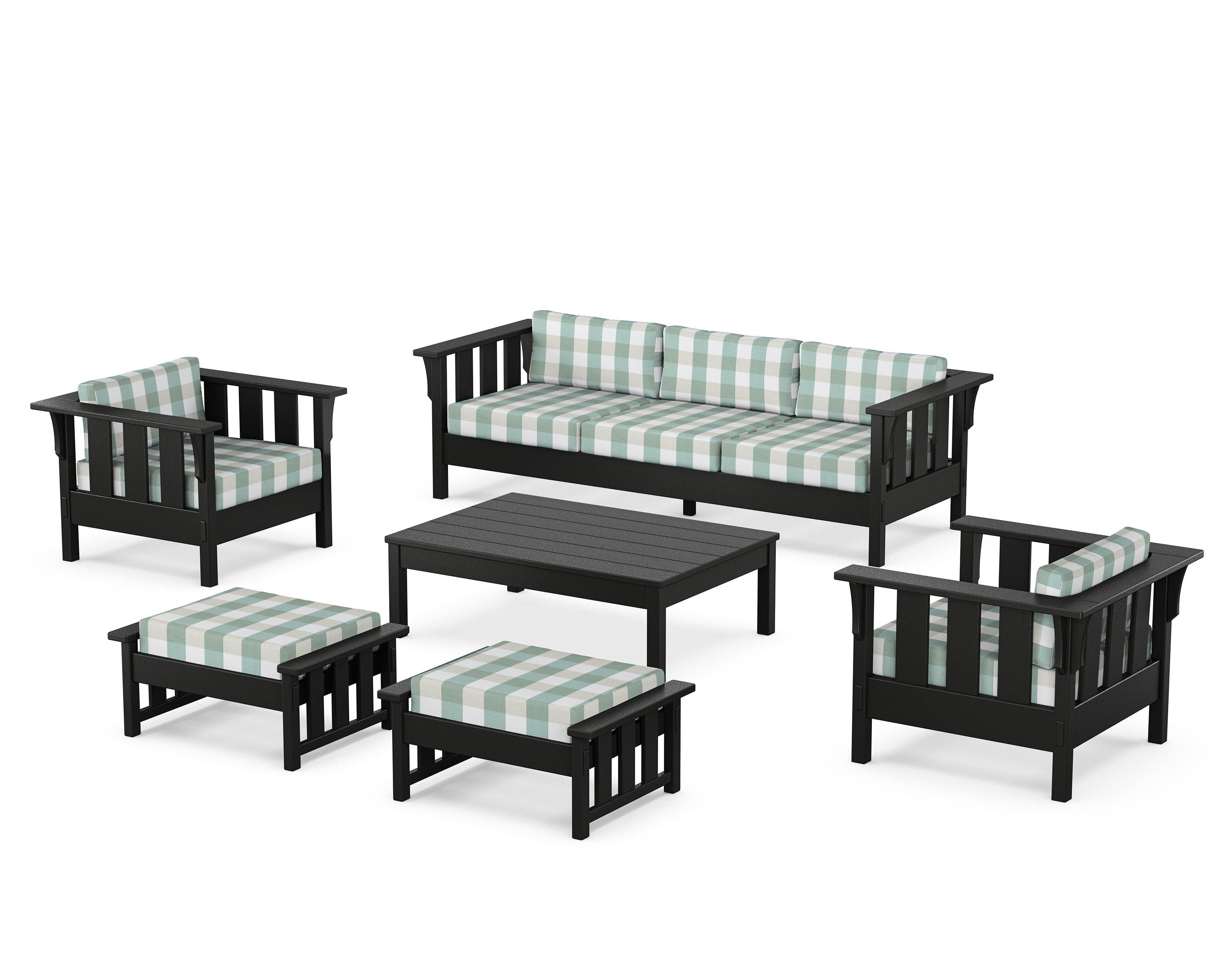 Martha Stewart by POLYWOOD® Acadia 6-Piece Lounge Sofa Set in Black / Buffalo Plaid Glacier Spa