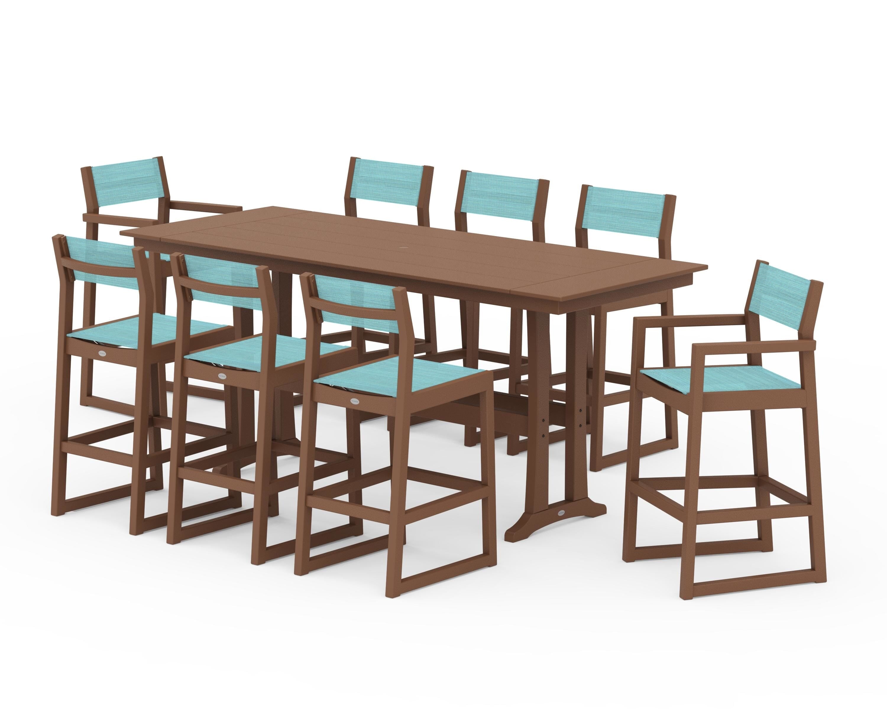 POLYWOOD® EDGE Sling 9-Piece Farmhouse Bar Set with Trestle Legs in Teak / Dupioni Aquamarine Sling