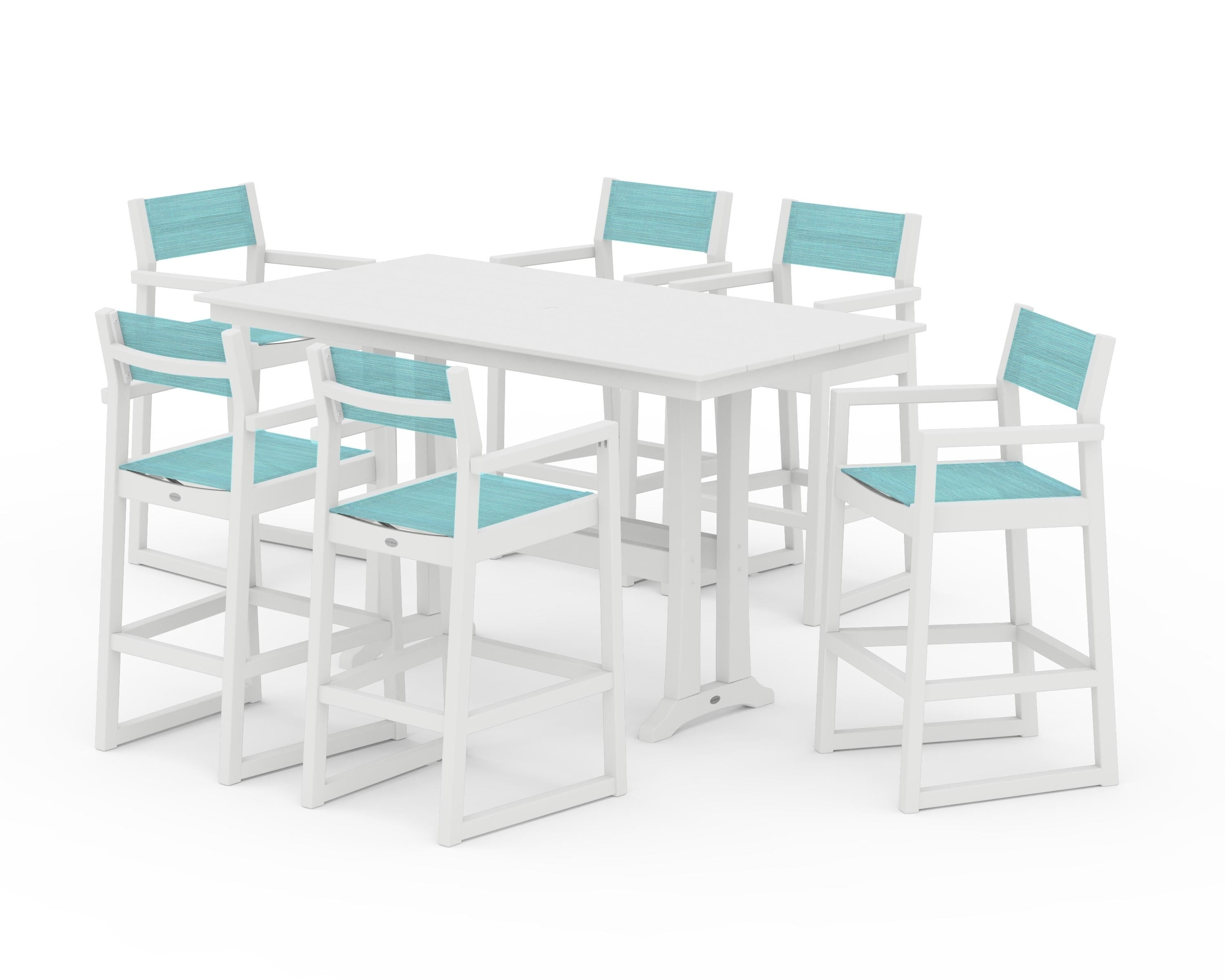 POLYWOOD® EDGE Sling Arm Chair 7-Piece Farmhouse Bar Set with Trestle Legs in White / Dupioni Aquamarine Sling