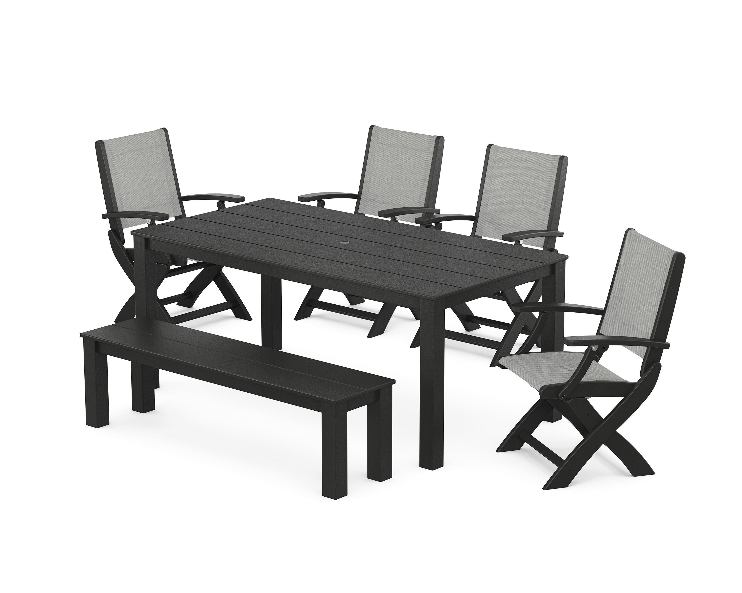 POLYWOOD® Coastal Folding Chair 6-Piece Parsons Dining Set with Bench in Black / Metallic Sling