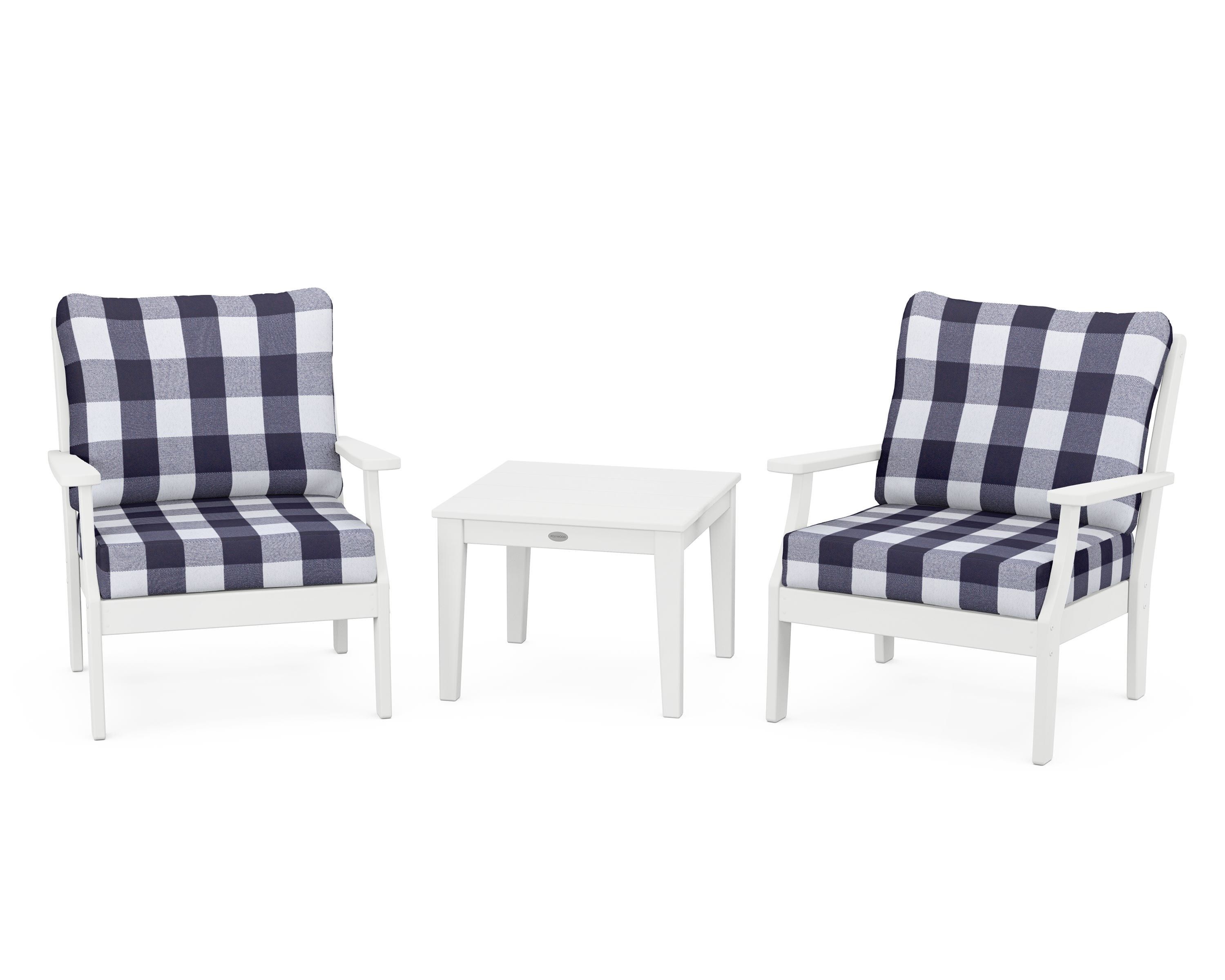 POLYWOOD® Braxton 3-Piece Deep Seating Set in White / Buffalo Plaid Navy